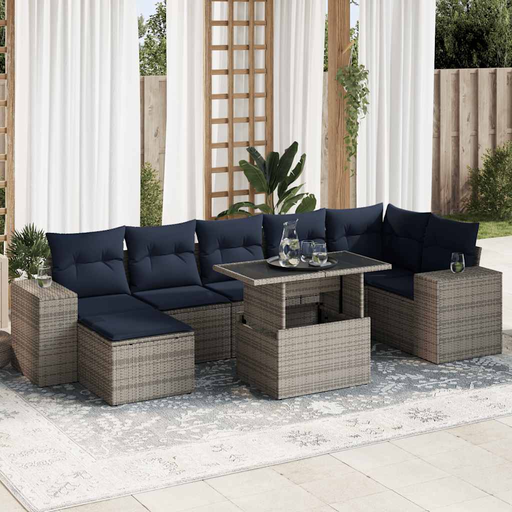 8 Pcs conjunto sofás jardim almofadões vime PE/acácia cinzento