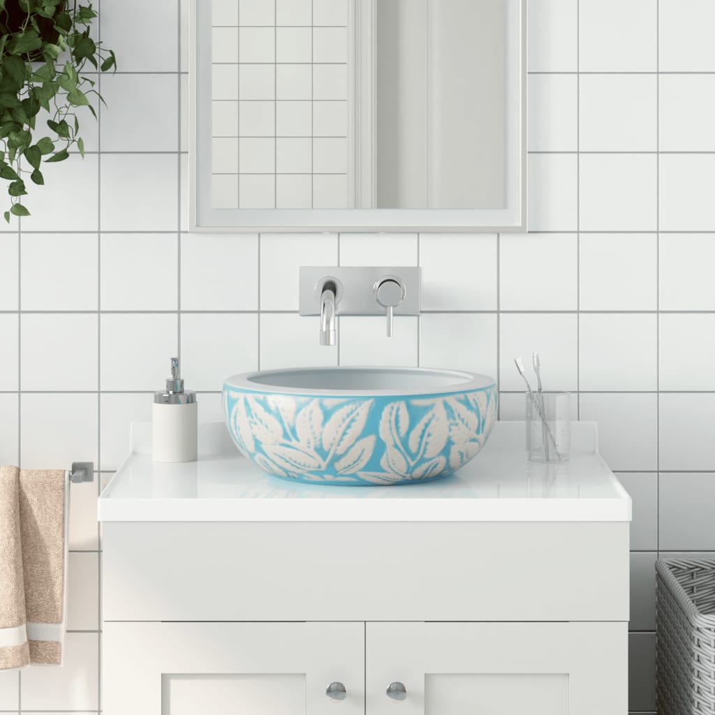 Pia de bancada redonda φ41x14 cm cerâmica azul e branco