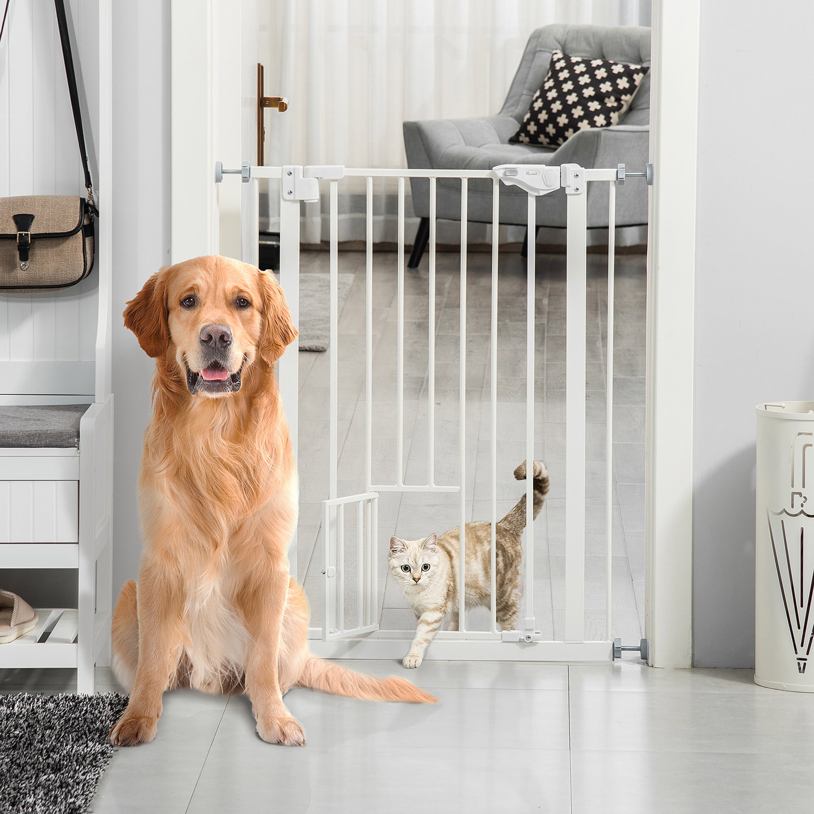 Barreira de Segurança para Cães Animais de Estimação 74-80cm para Escadas Portas e Corredores com Porta para Gatos Fechamento Au