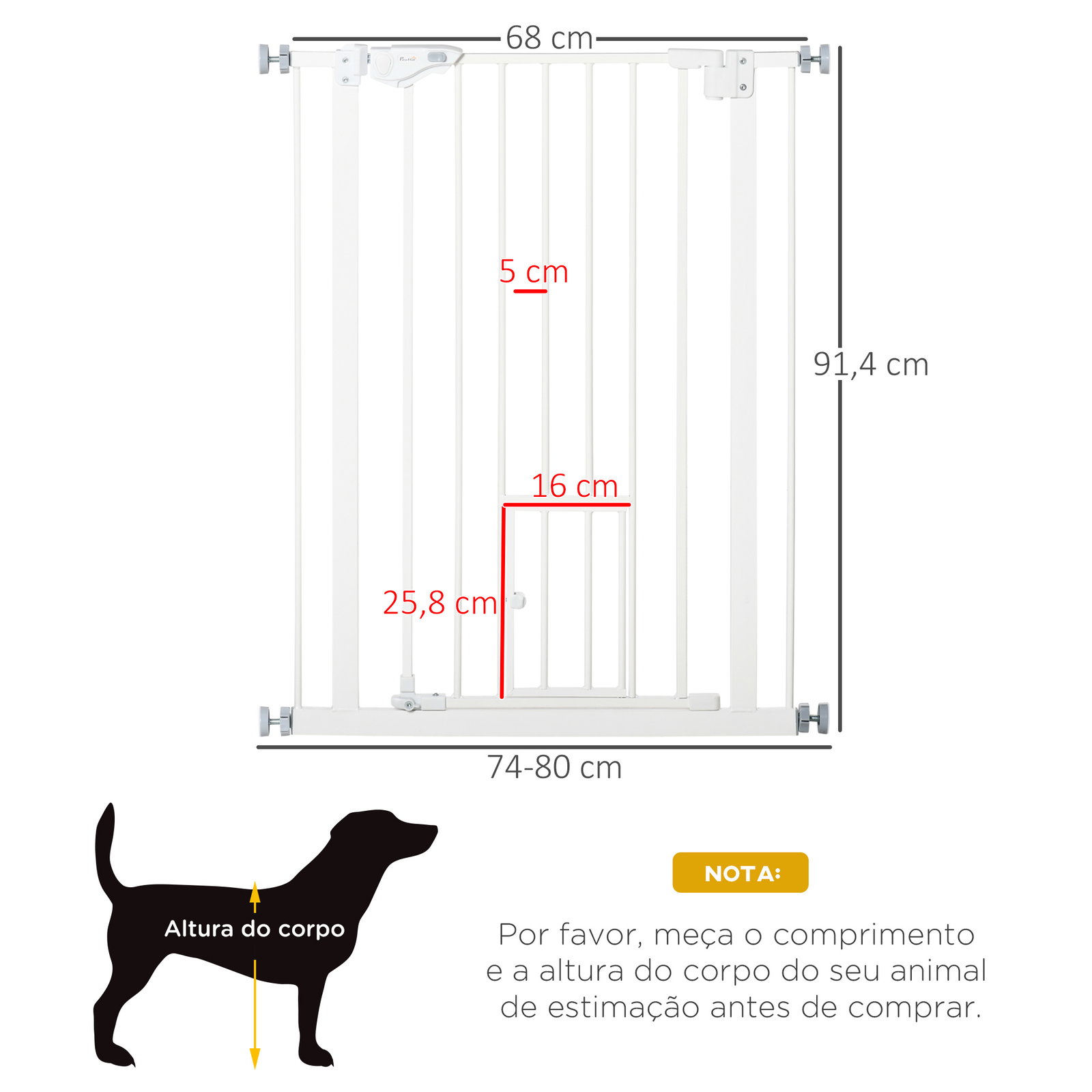 Barreira de Segurança para Cães Animais de Estimação 74-80cm para Escadas Portas e Corredores com Porta para Gatos Fechamento Au