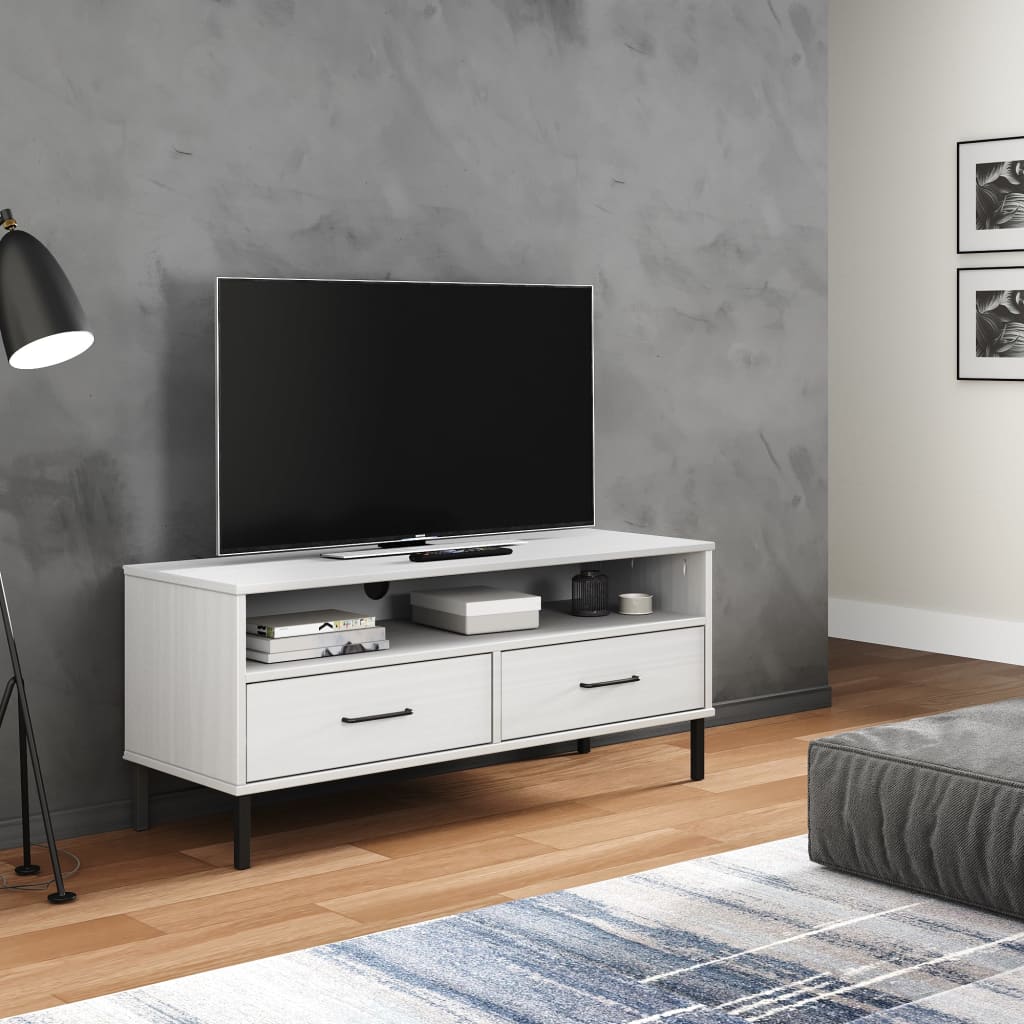 Móvel de TV c/ pernas de metal pinho maciço oslo branco