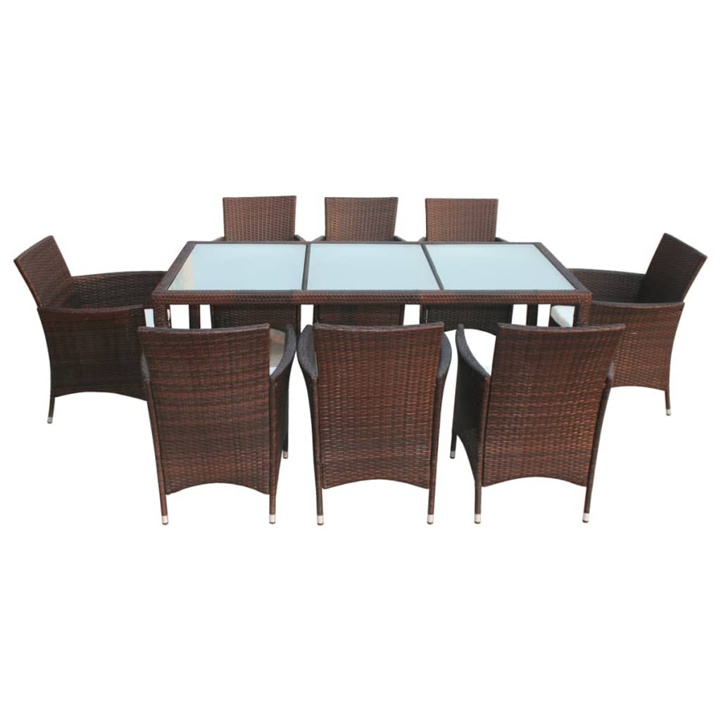 9 Pcs conjunto jantar exterior c/ almofadões vime PE castanho