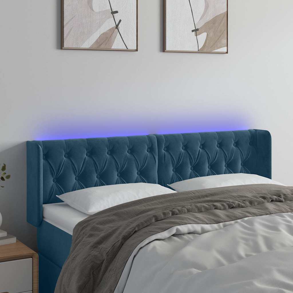 Cabeceira cama c/ luzes LED veludo 163x16x78/88 cm azul-escuro