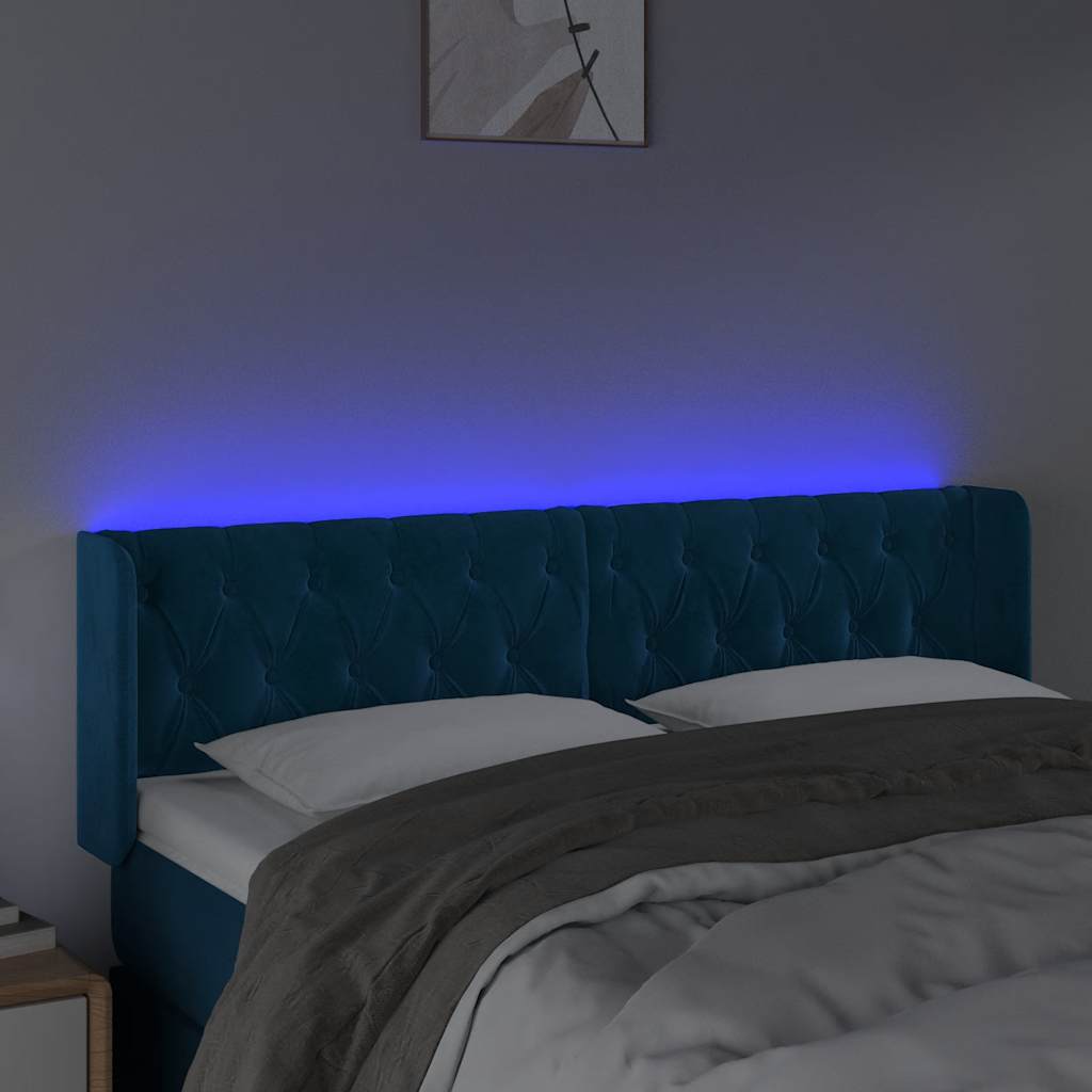 Cabeceira cama c/ luzes LED veludo 163x16x78/88 cm azul-escuro