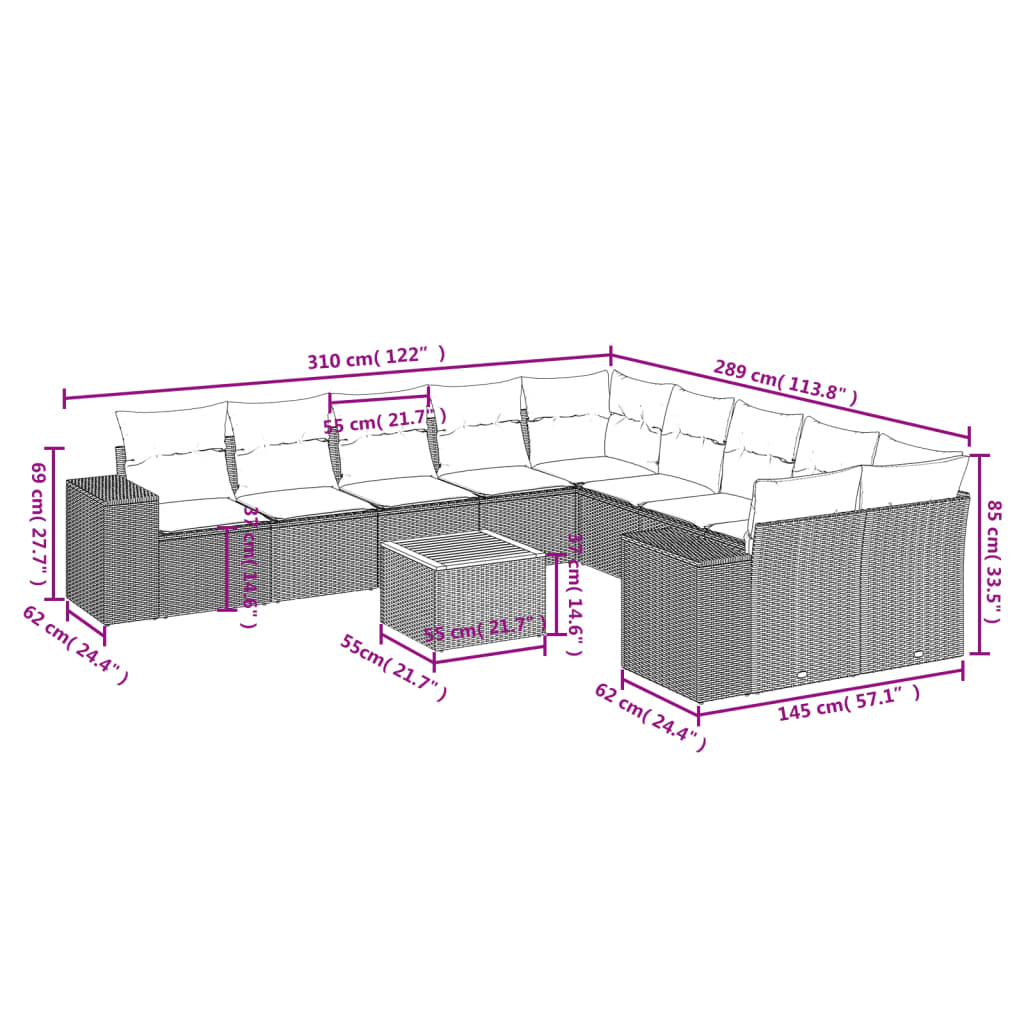 11 Pcs conjunto sofás de jardim c/ almofadões vime PE preto
