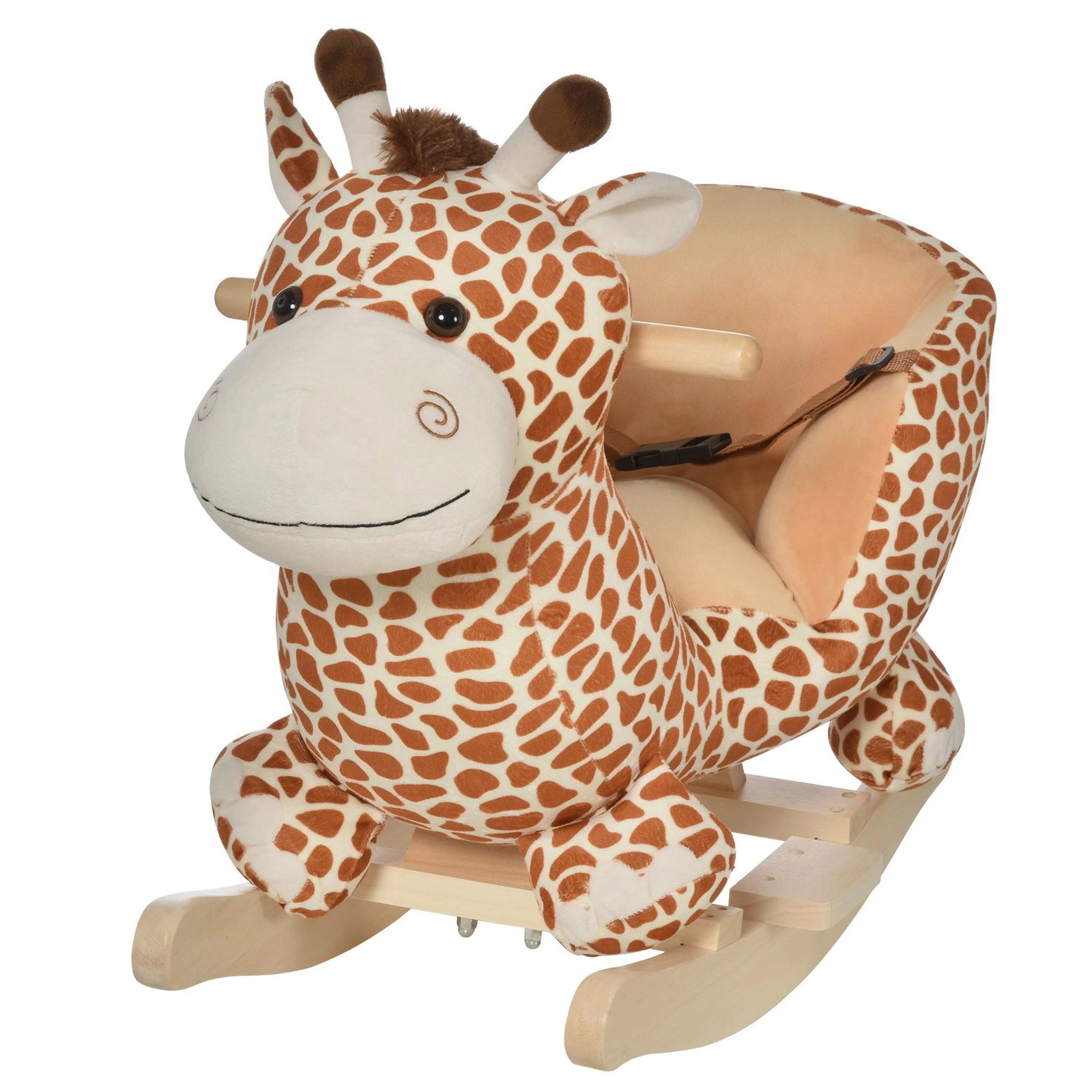 Baloiço para Crianças em Madeira com 32 Canções Cinturão de Segurança Girafa de Pelúcia 60x33x45 cm Marrom Claro