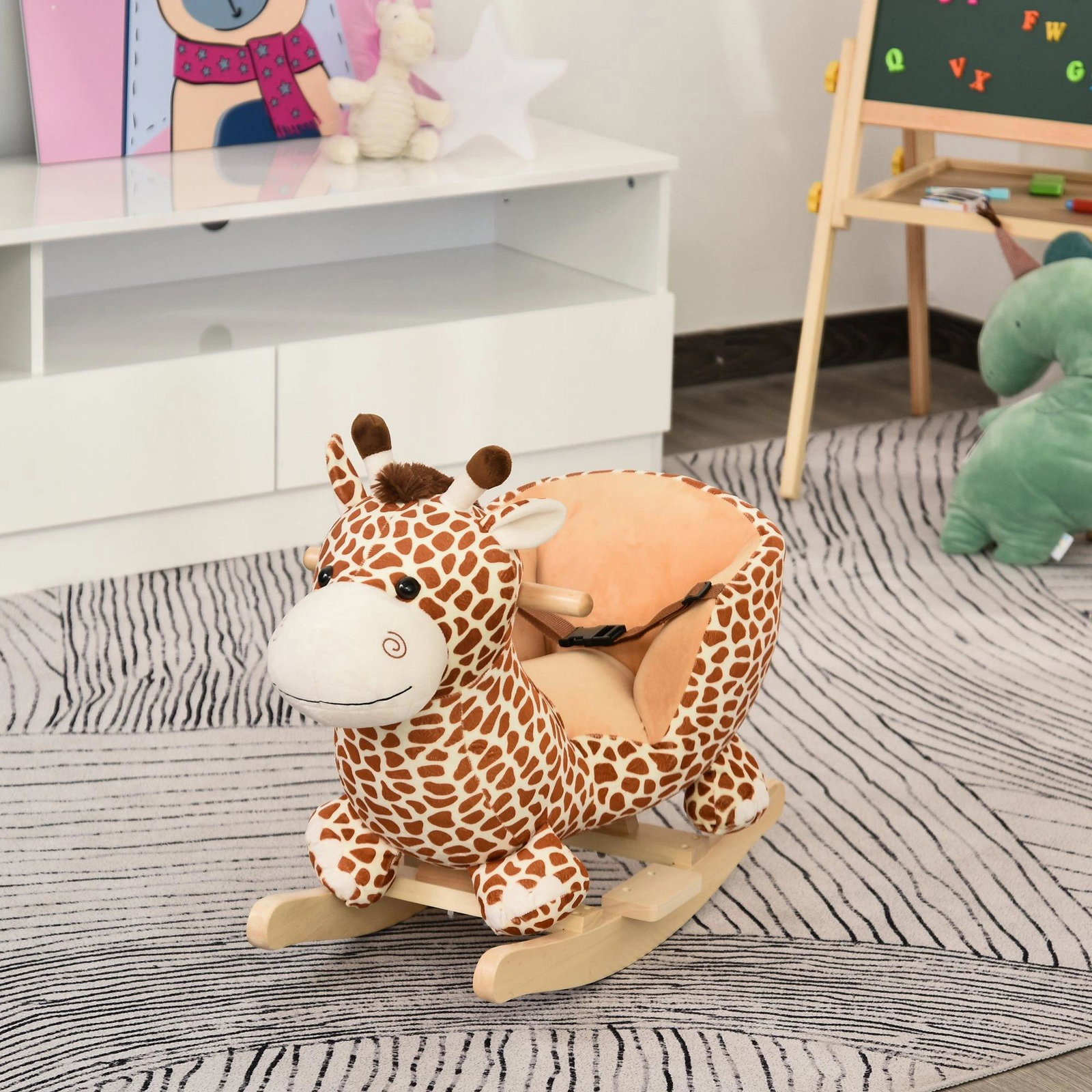 Baloiço para Crianças em Madeira com 32 Canções Cinturão de Segurança Girafa de Pelúcia 60x33x45 cm Marrom Claro
