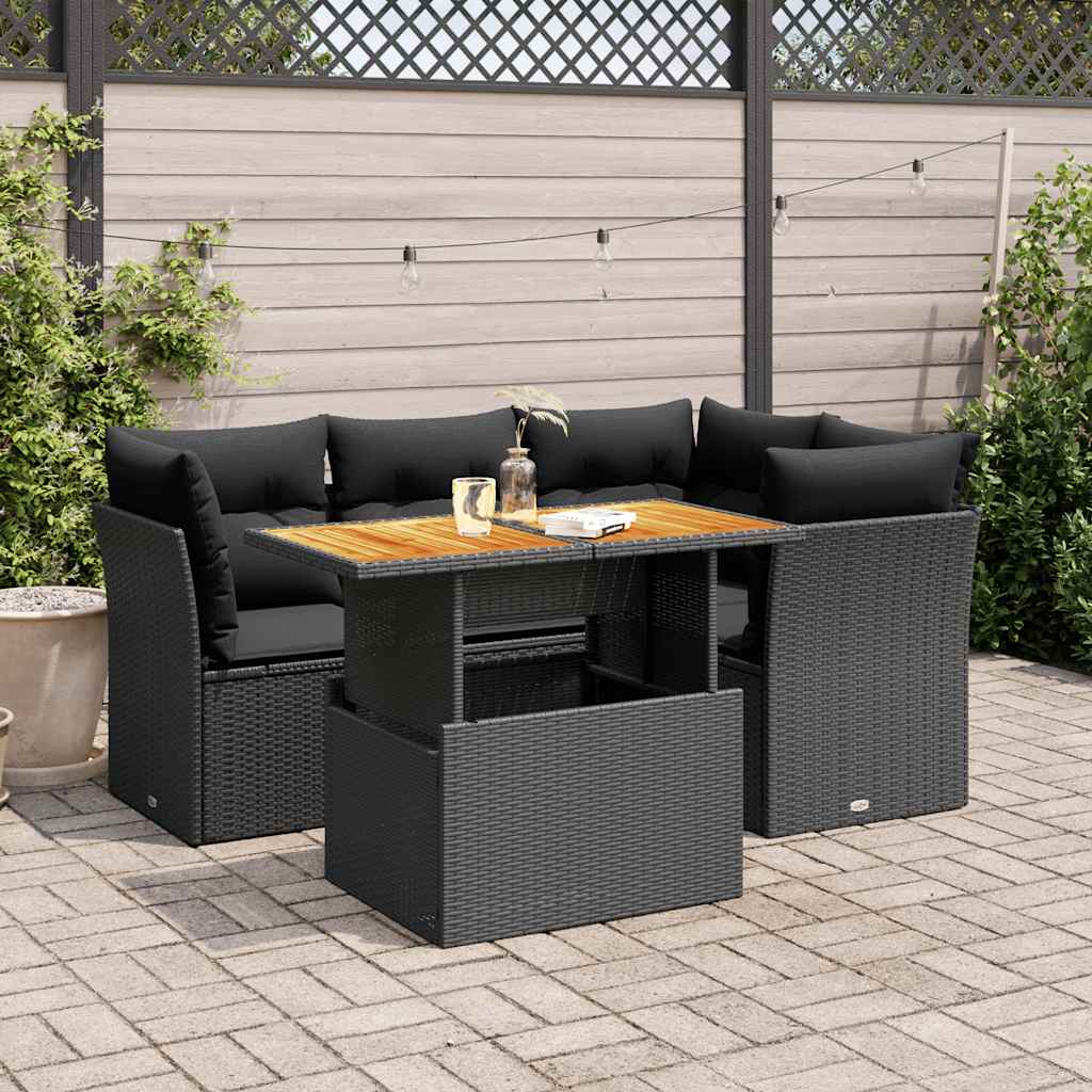5 Pcs conjunto sofás de jardim com almofadões vime PE preto