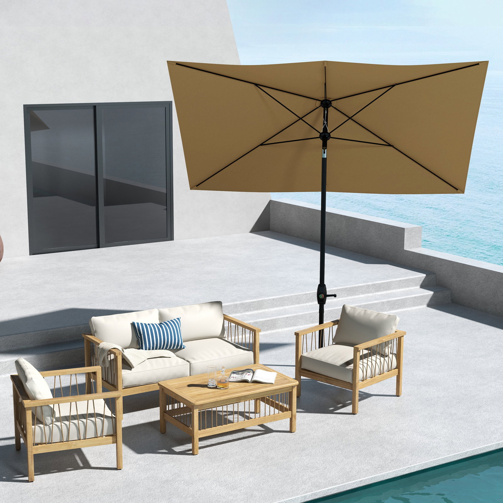 Chapéu de sol de jardim 290x205x248 cm proteção uv50+ chapéu de sol inclinável com teto de ventilação e manivela café