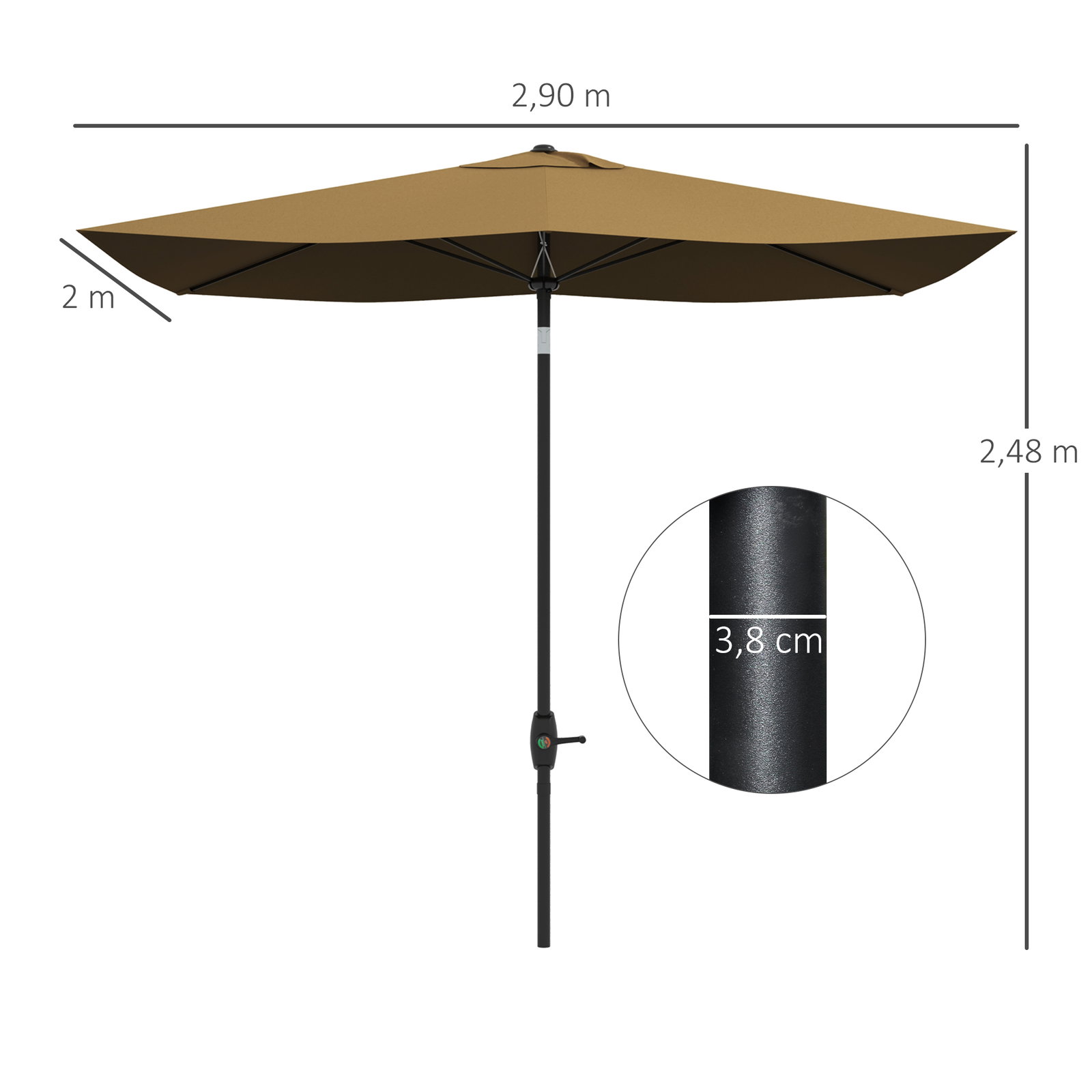 Chapéu de sol de jardim 290x205x248 cm proteção uv50+ chapéu de sol inclinável com teto de ventilação e manivela café