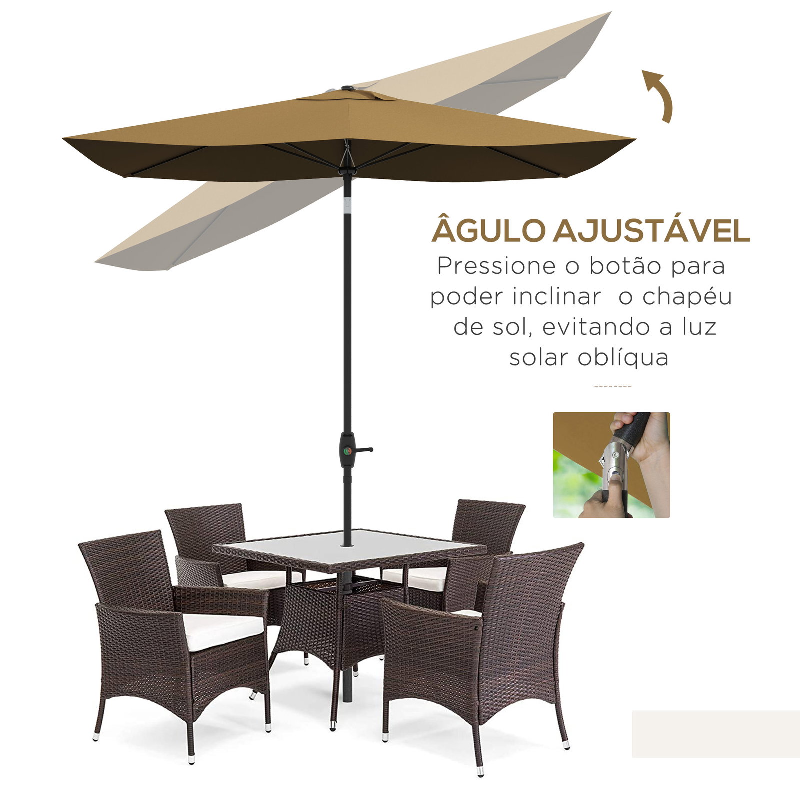 Chapéu de sol de jardim 290x205x248 cm proteção uv50+ chapéu de sol inclinável com teto de ventilação e manivela café