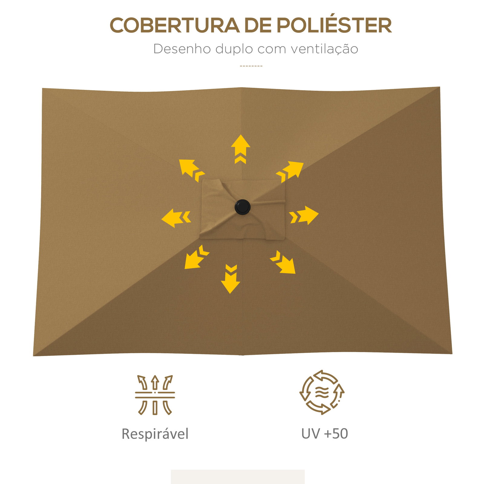 Chapéu de sol de jardim 290x205x248 cm proteção uv50+ chapéu de sol inclinável com teto de ventilação e manivela café