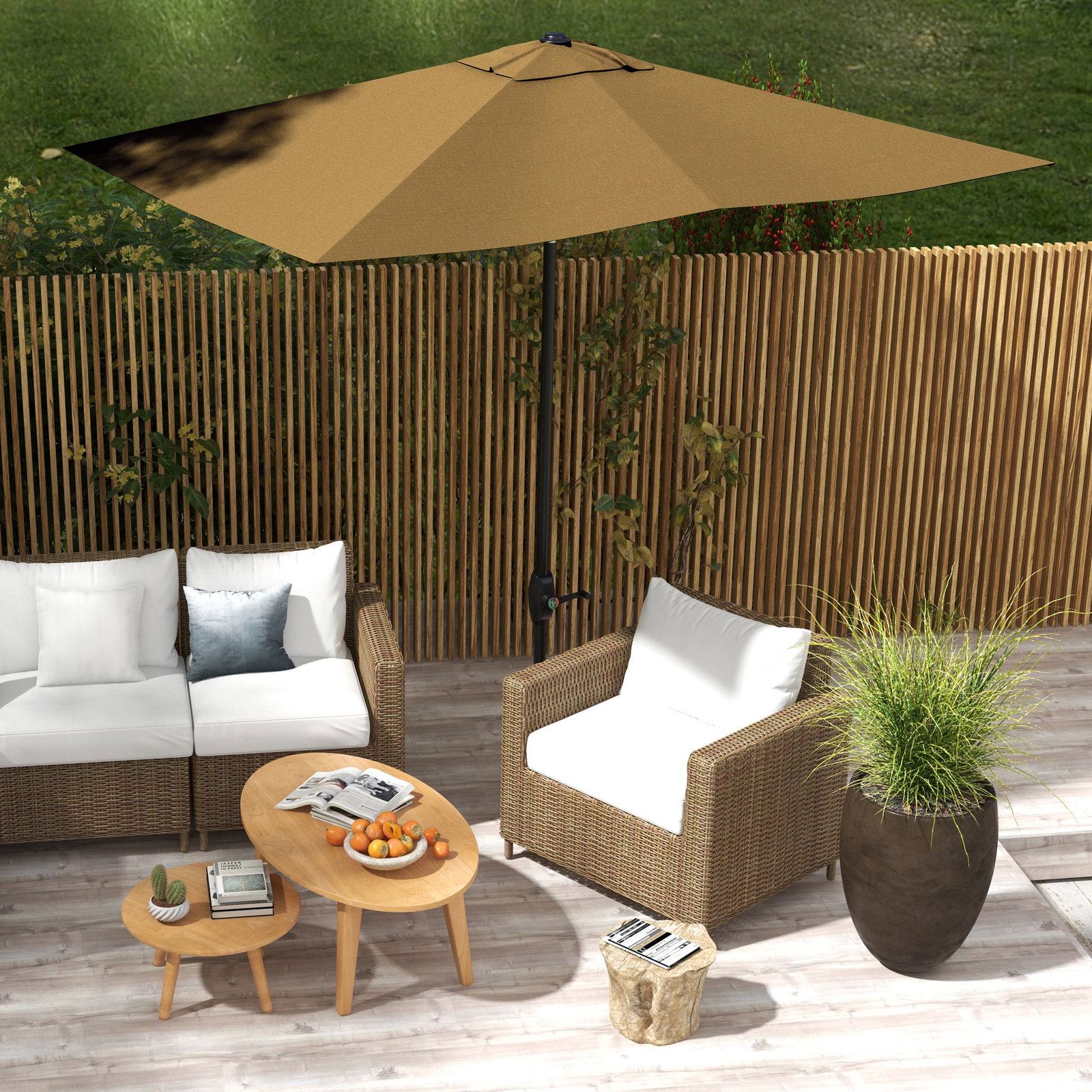 Chapéu de sol de jardim 290x205x248 cm proteção uv50+ chapéu de sol inclinável com teto de ventilação e manivela café
