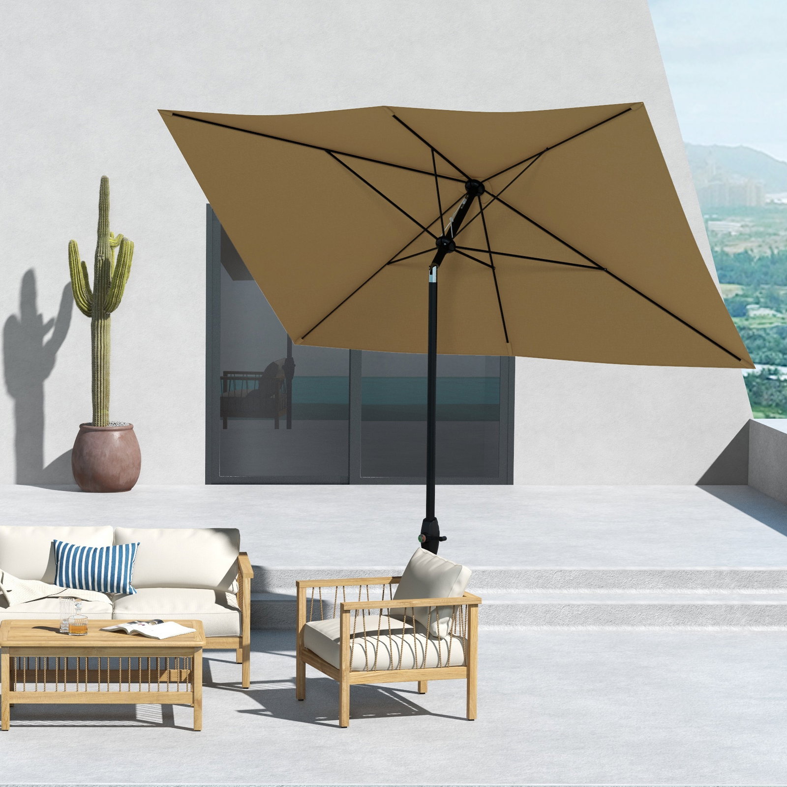 Chapéu de sol de jardim 290x205x248 cm proteção uv50+ chapéu de sol inclinável com teto de ventilação e manivela café