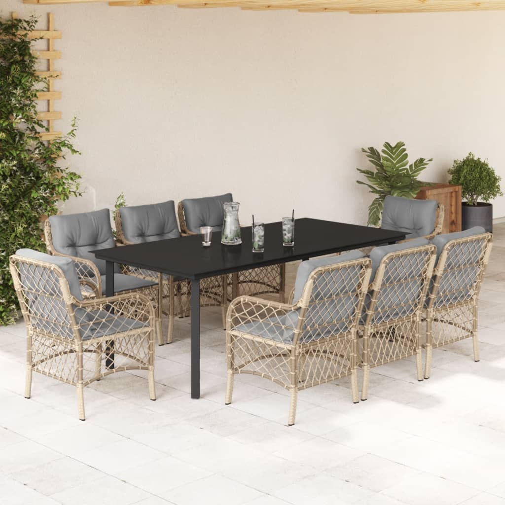 9 Pcs conj. jantar jardim c/ almofadões vime PE bege misturado