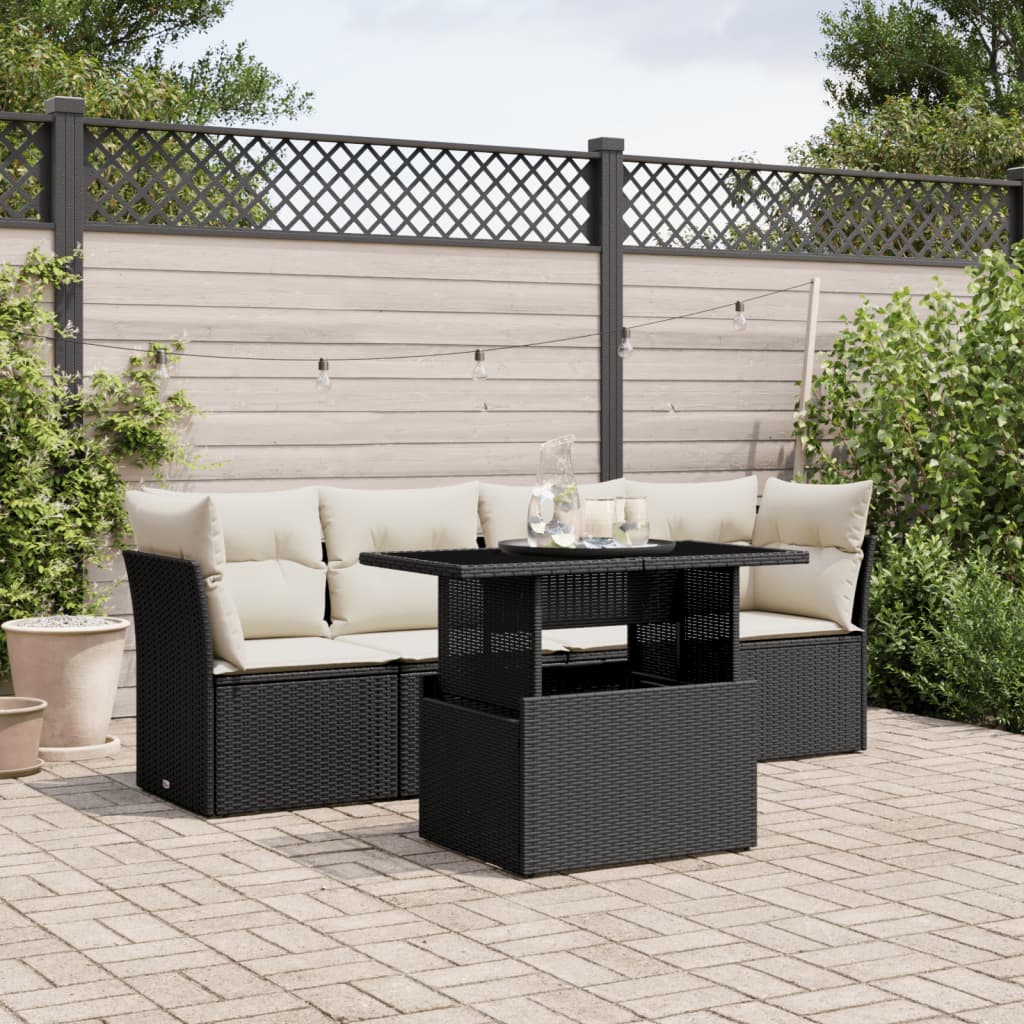 5 Pcs conjunto sofás de jardim com almofadões vime PE preto