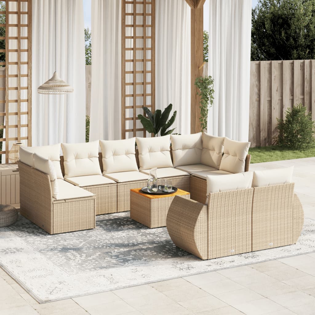10 Pcs conjunto de sofás p/ jardim com almofadões vime PE bege
