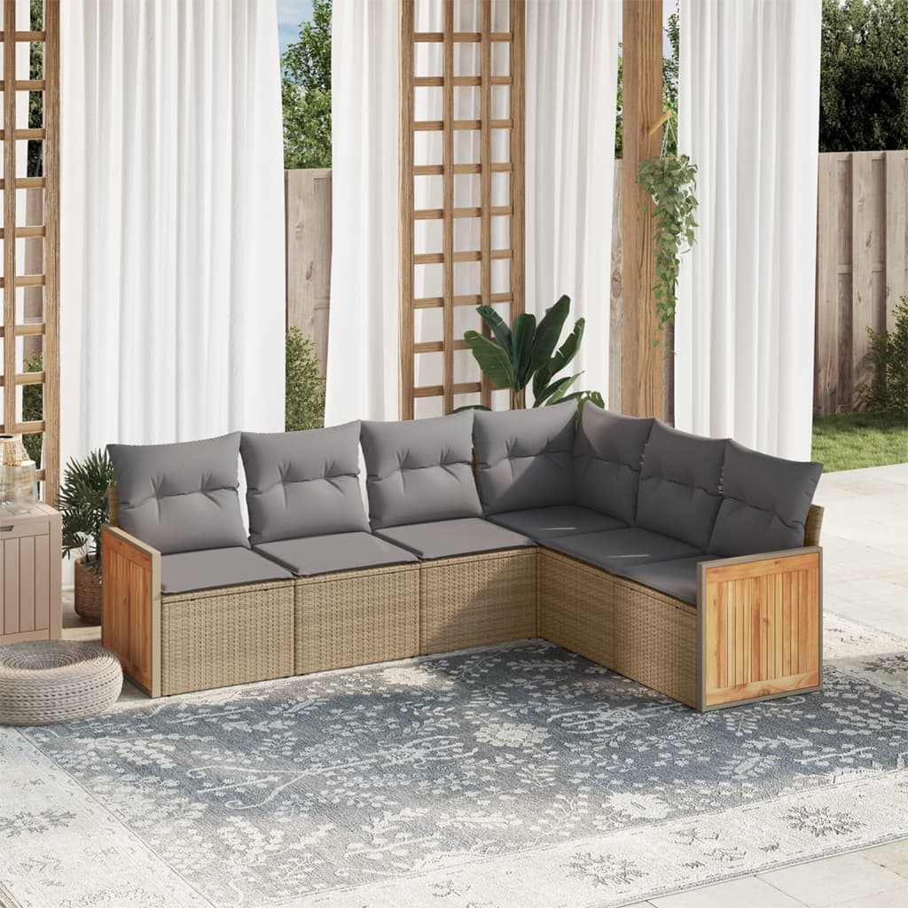 6 Pcs conjunto de sofás p/ jardim com almofadões vime PE bege