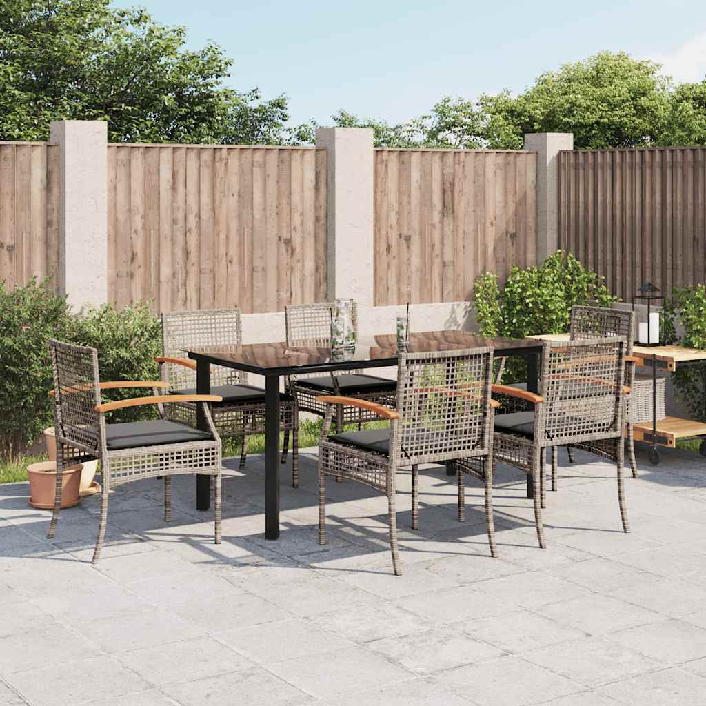 7 Pcs conjunto de jantar p/ jardim c/ almofadões vime PE cinza