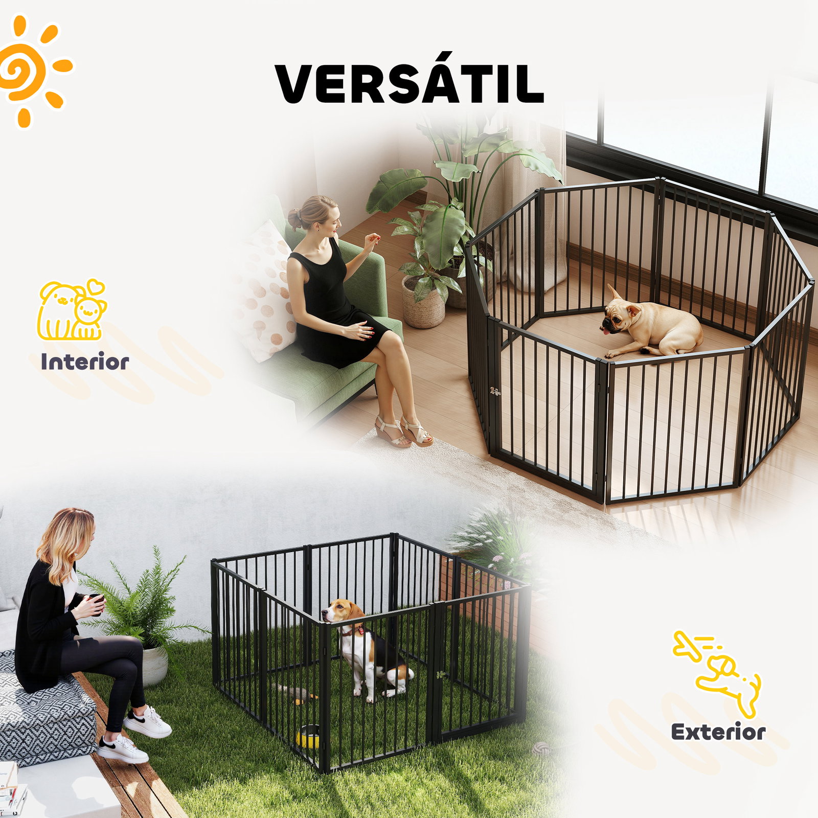 Parque para cães com 8 painéis 60x76 cm parque para cães pequenos e médios de aço para interior e exterior preto