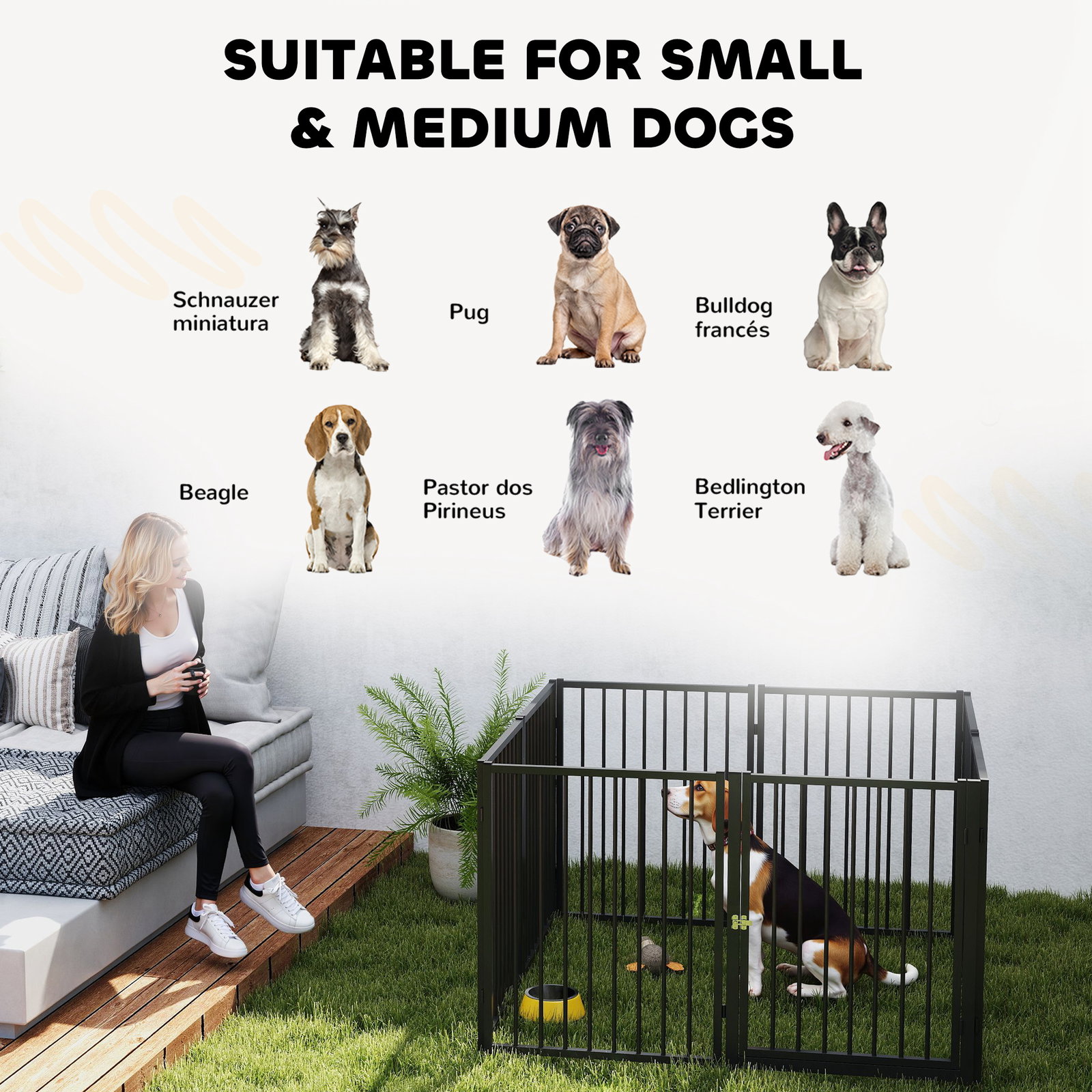 Parque para cães com 8 painéis 60x76 cm parque para cães pequenos e médios de aço para interior e exterior preto