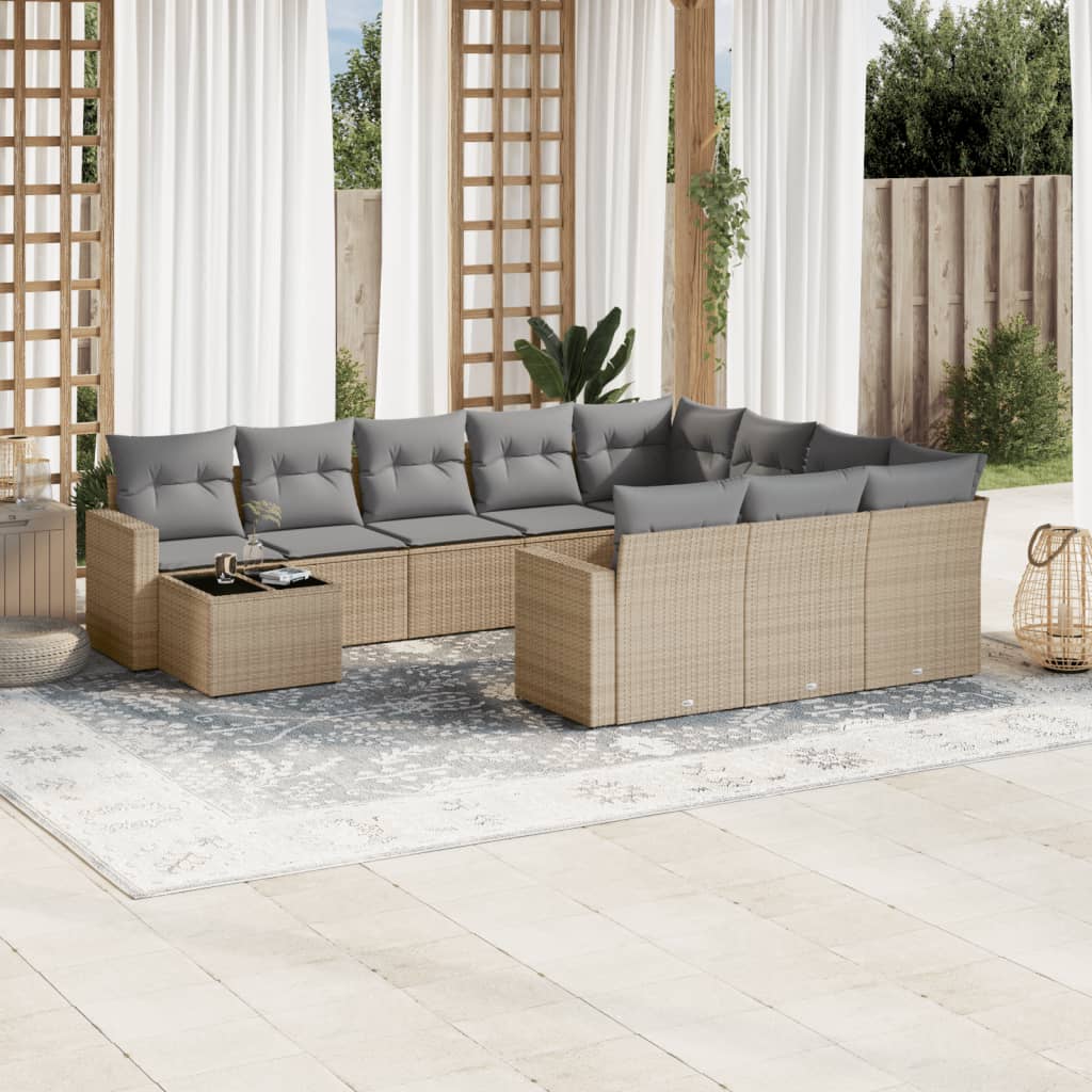11 Pcs conjunto sofás de jardim c/ almofadões vime PE bege