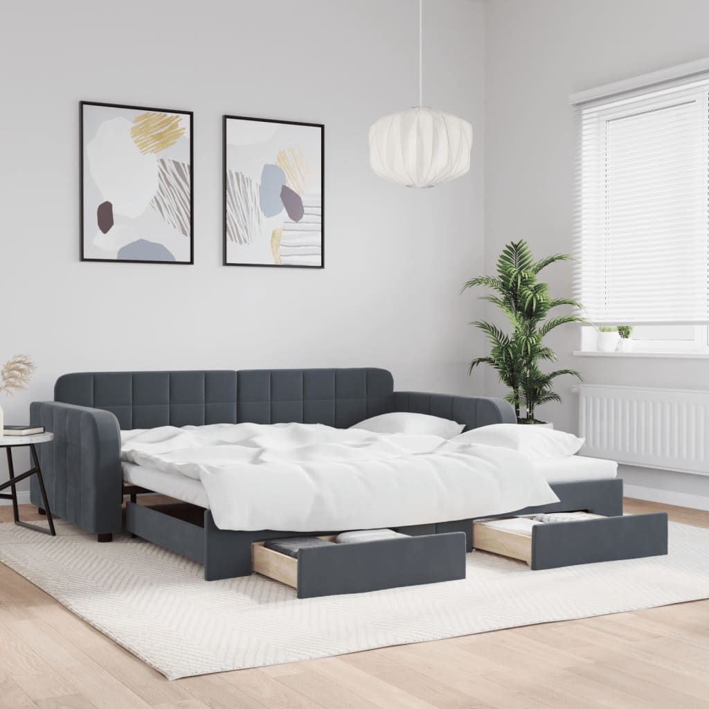Sofá-cama c/ gavetão e gavetas 100x200cm veludo cinzento-escuro