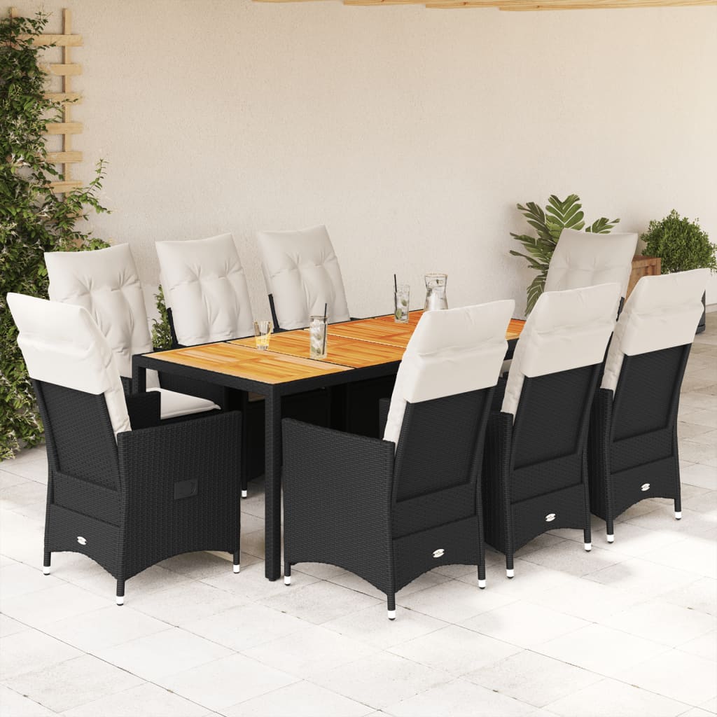 9 Pcs conjunto de jantar p/ jardim c/ almofadões vime PE preto