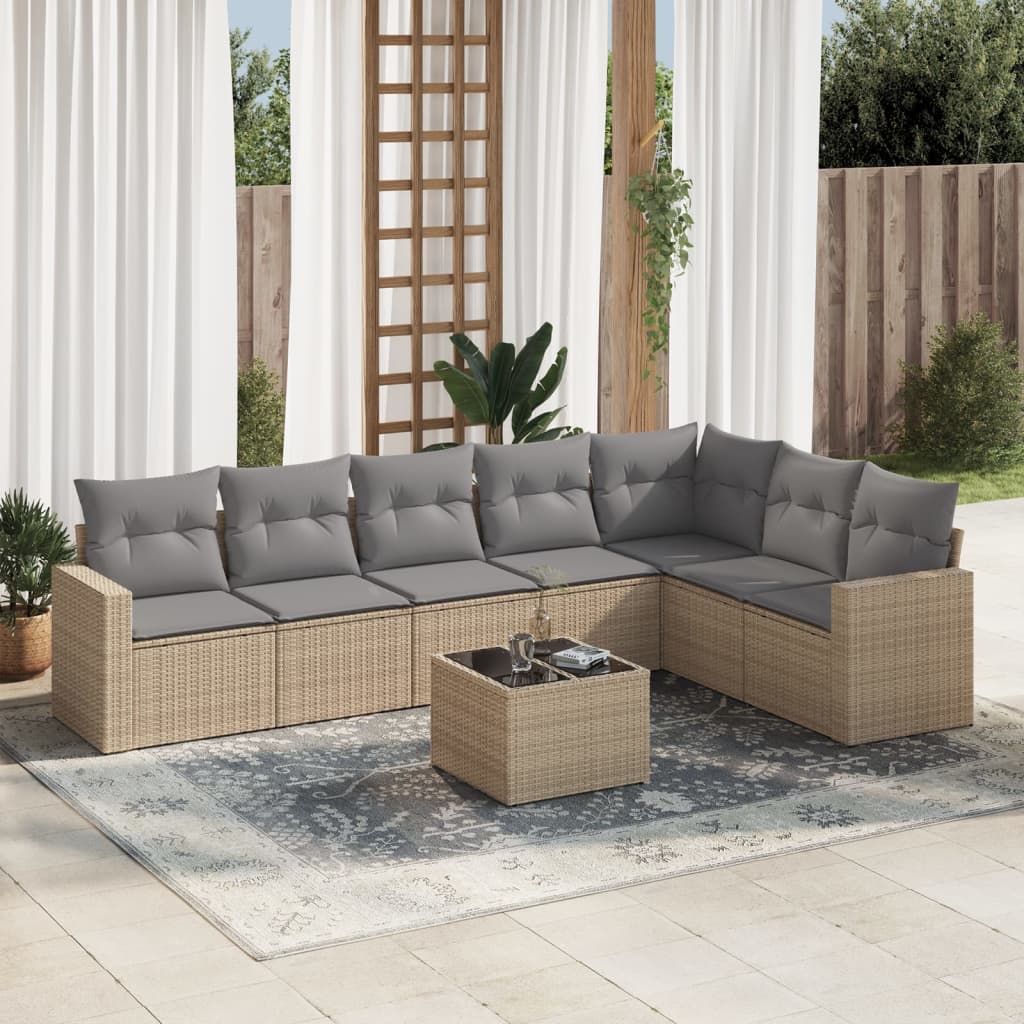 8 Pcs conjunto de sofás p/ jardim com almofadões vime PE bege