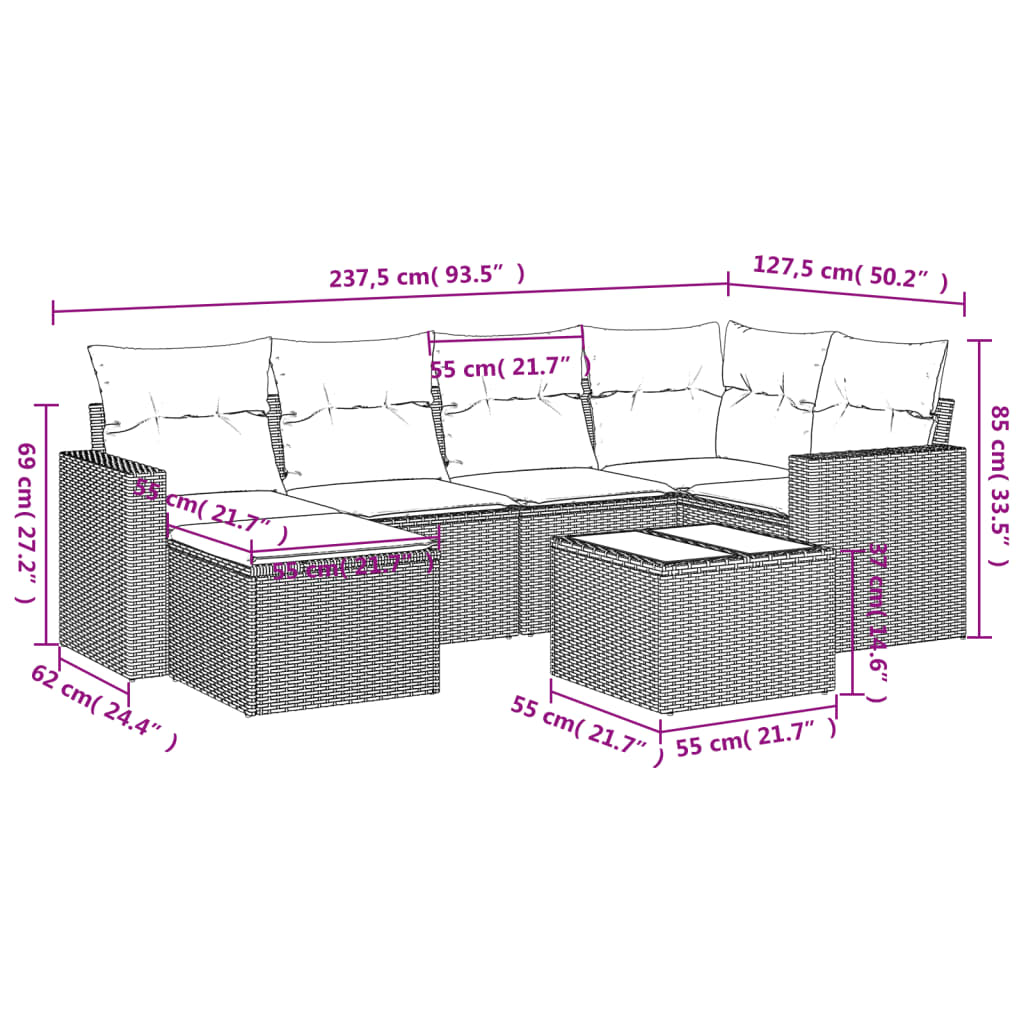 7 Pcs conjunto de sofás p/ jardim com almofadões vime PE bege