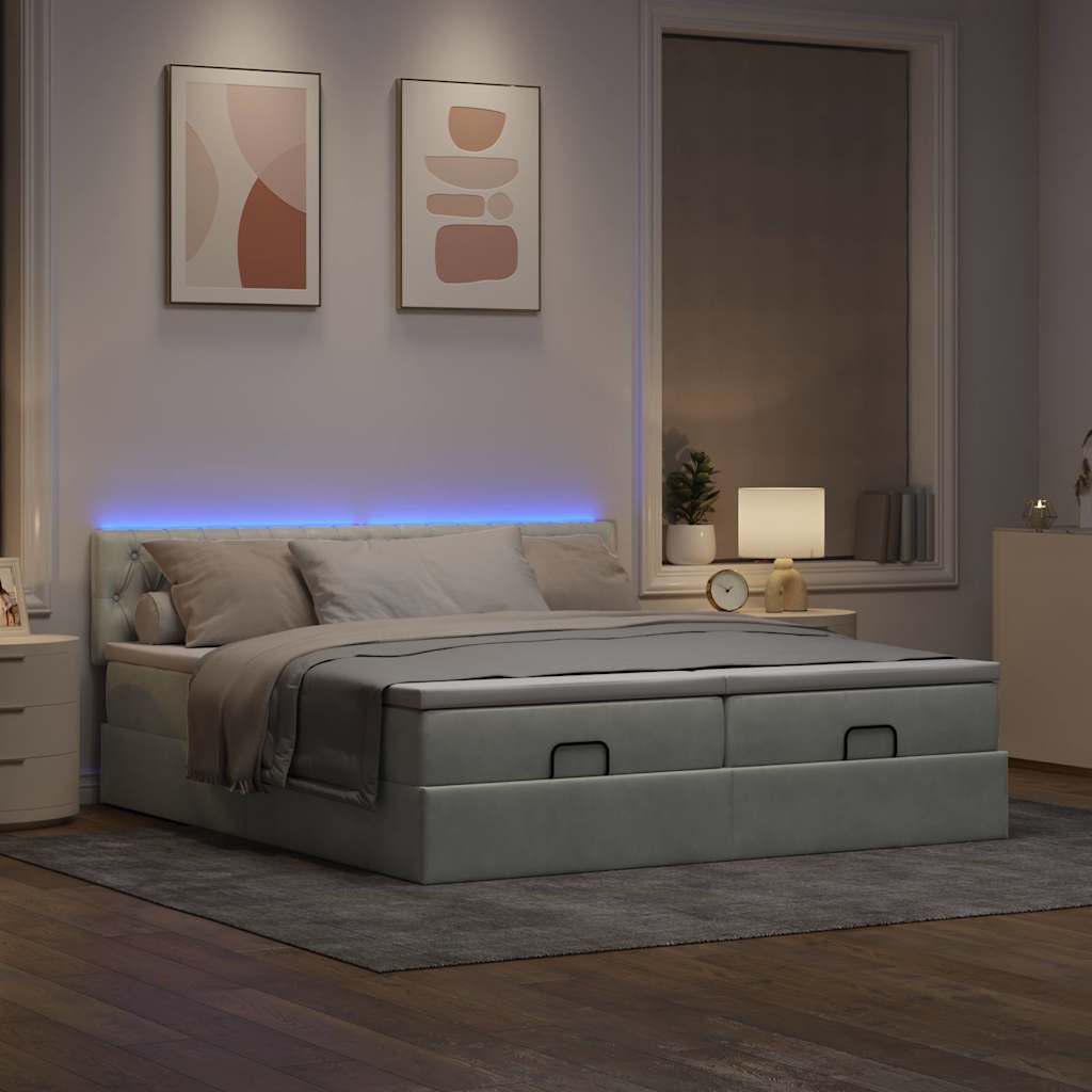 Estrutura cama otomana colchões 180x200cm veludo cinzento claro