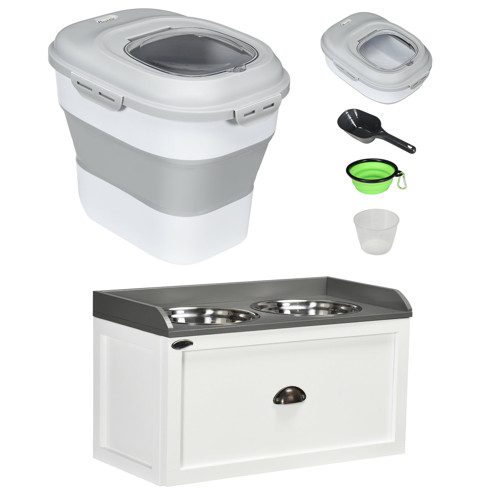 Conjunto de 1 comedouro elevado para cães grandes com 2 tigelas de aço inoxidável e 1 recipiente de comida branco