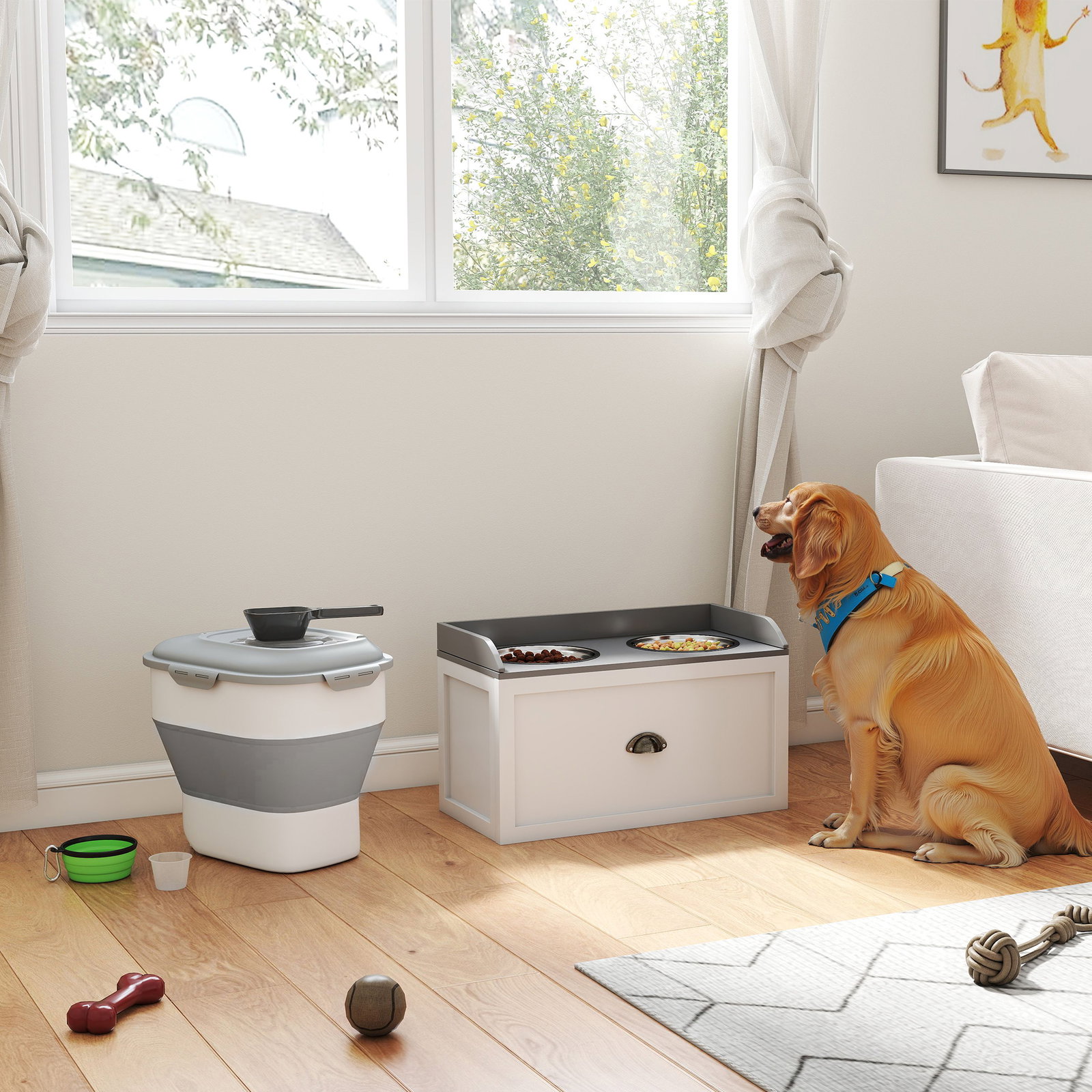 Conjunto de 1 comedouro elevado para cães grandes com 2 tigelas de aço inoxidável e 1 recipiente de comida branco