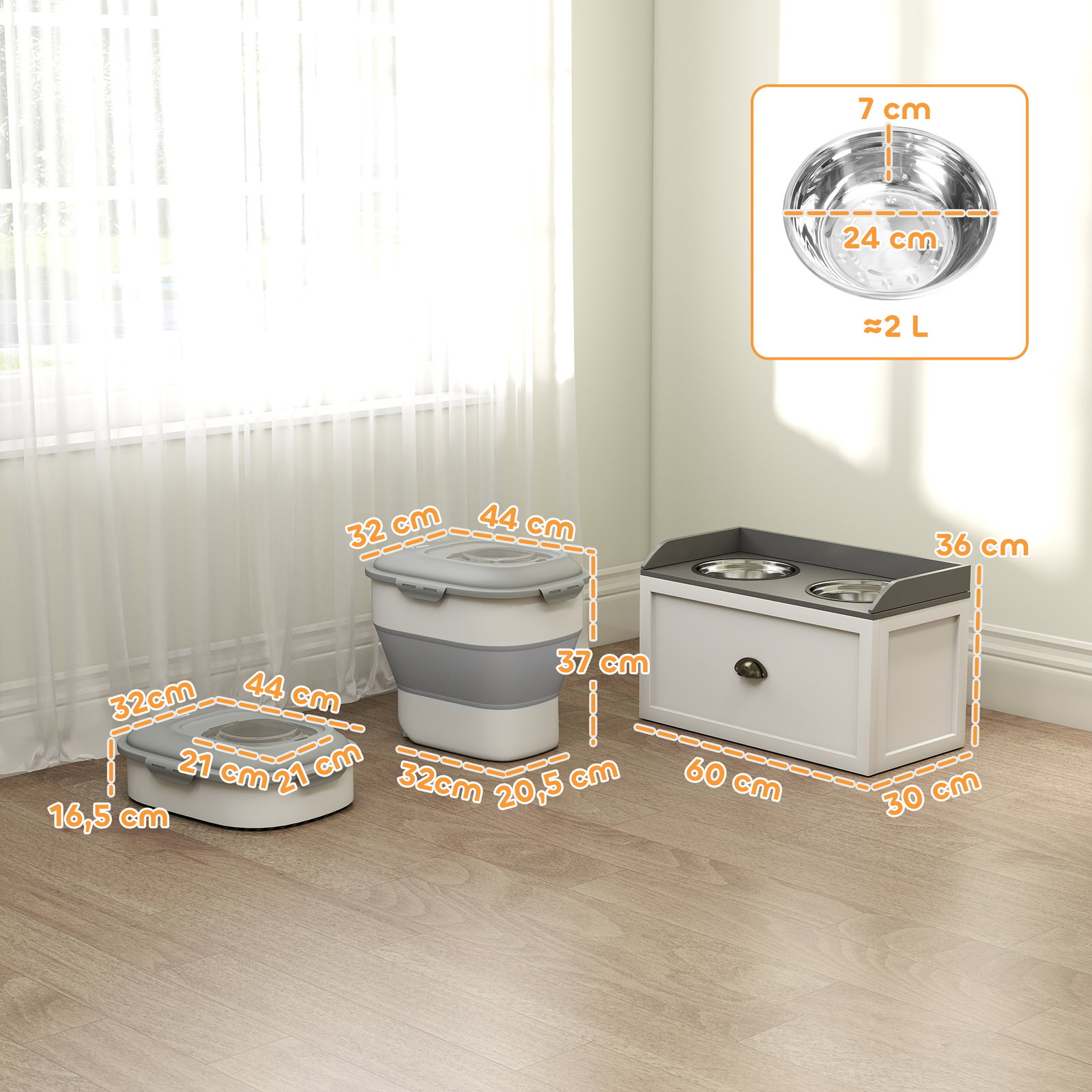 Conjunto de 1 comedouro elevado para cães grandes com 2 tigelas de aço inoxidável e 1 recipiente de comida branco