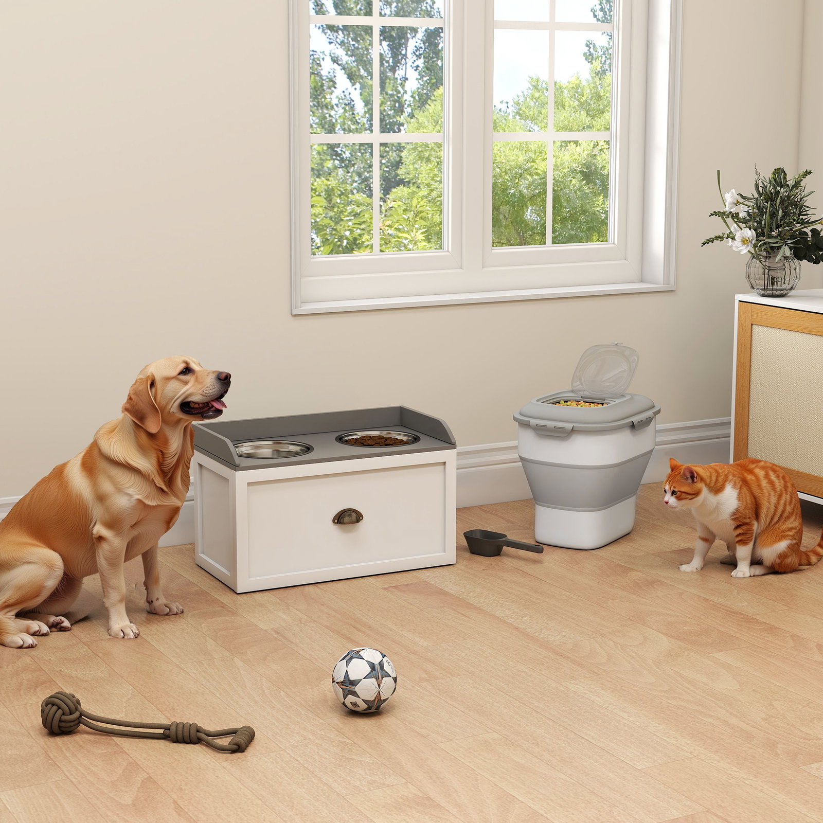 Conjunto de 1 comedouro elevado para cães grandes com 2 tigelas de aço inoxidável e 1 recipiente de comida branco