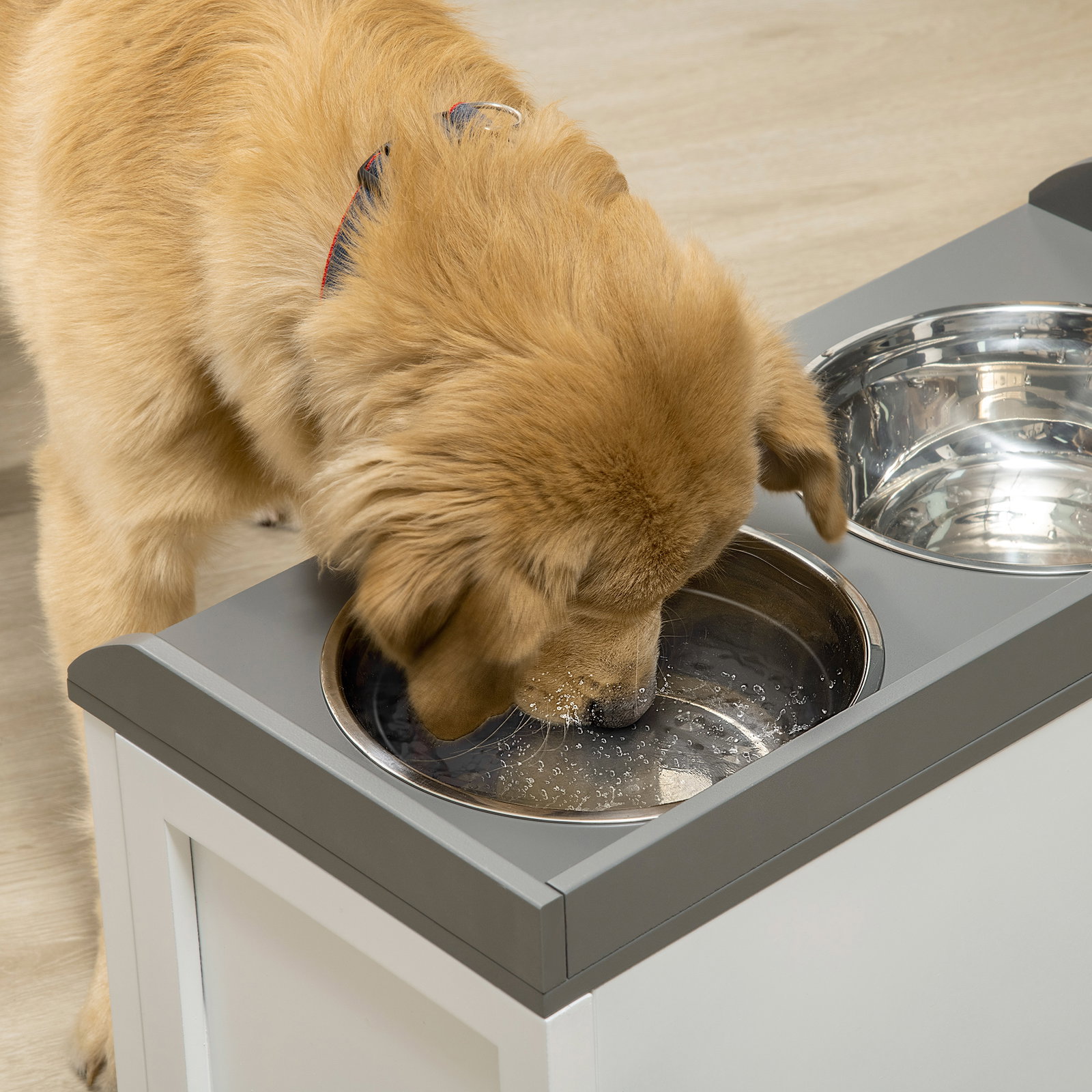 Conjunto de 1 comedouro elevado para cães grandes com 2 tigelas de aço inoxidável e 1 recipiente de comida branco