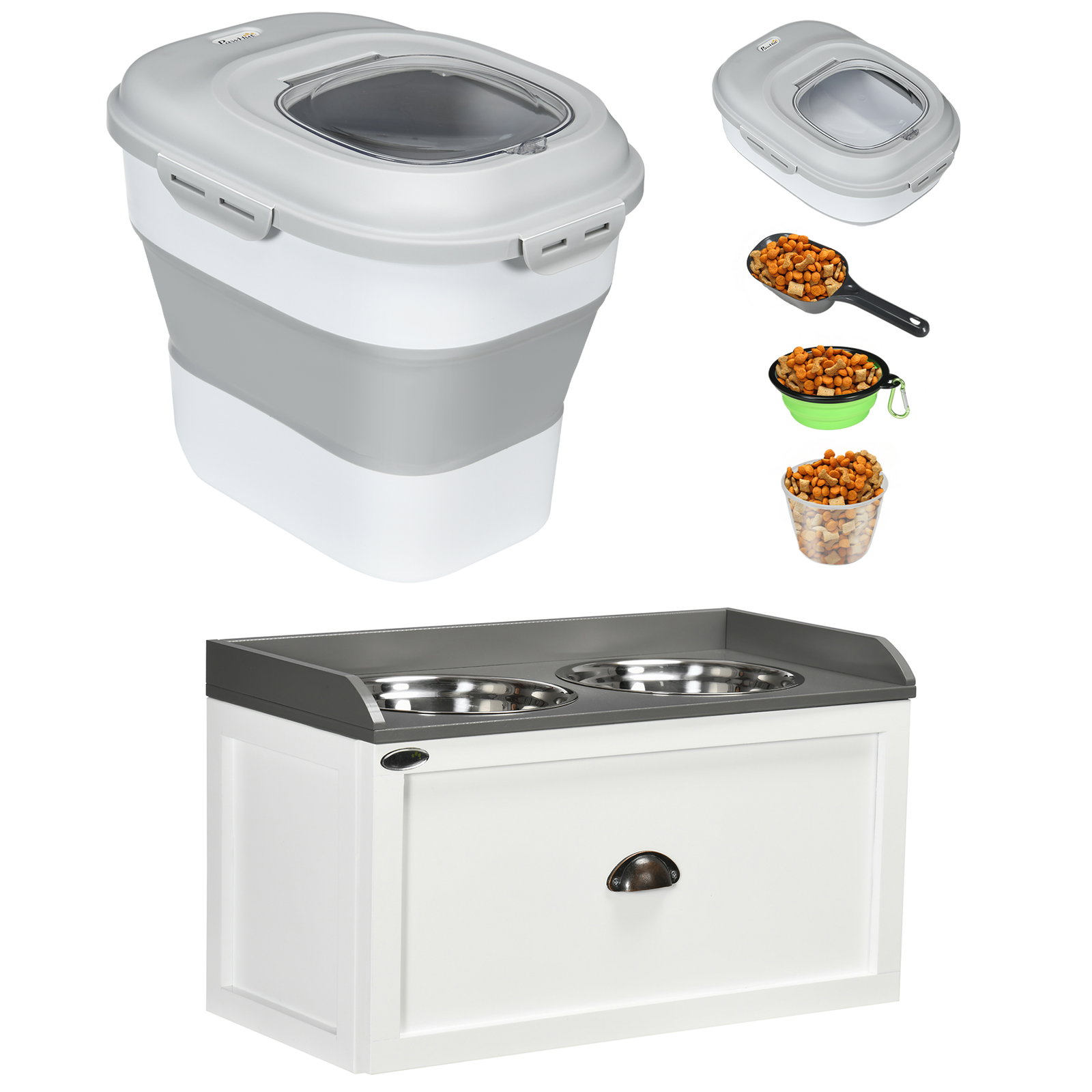 Conjunto de 1 comedouro elevado para cães grandes com 2 tigelas de aço inoxidável e 1 recipiente de comida branco