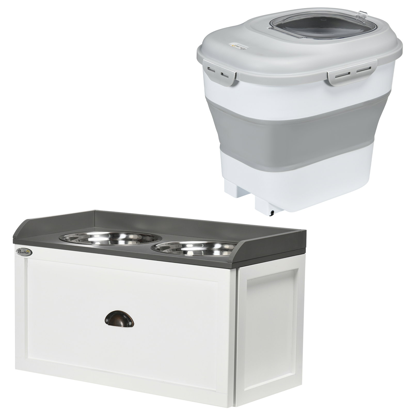 Conjunto de 1 comedouro elevado para cães grandes com 2 tigelas de aço inoxidável e 1 recipiente de comida branco