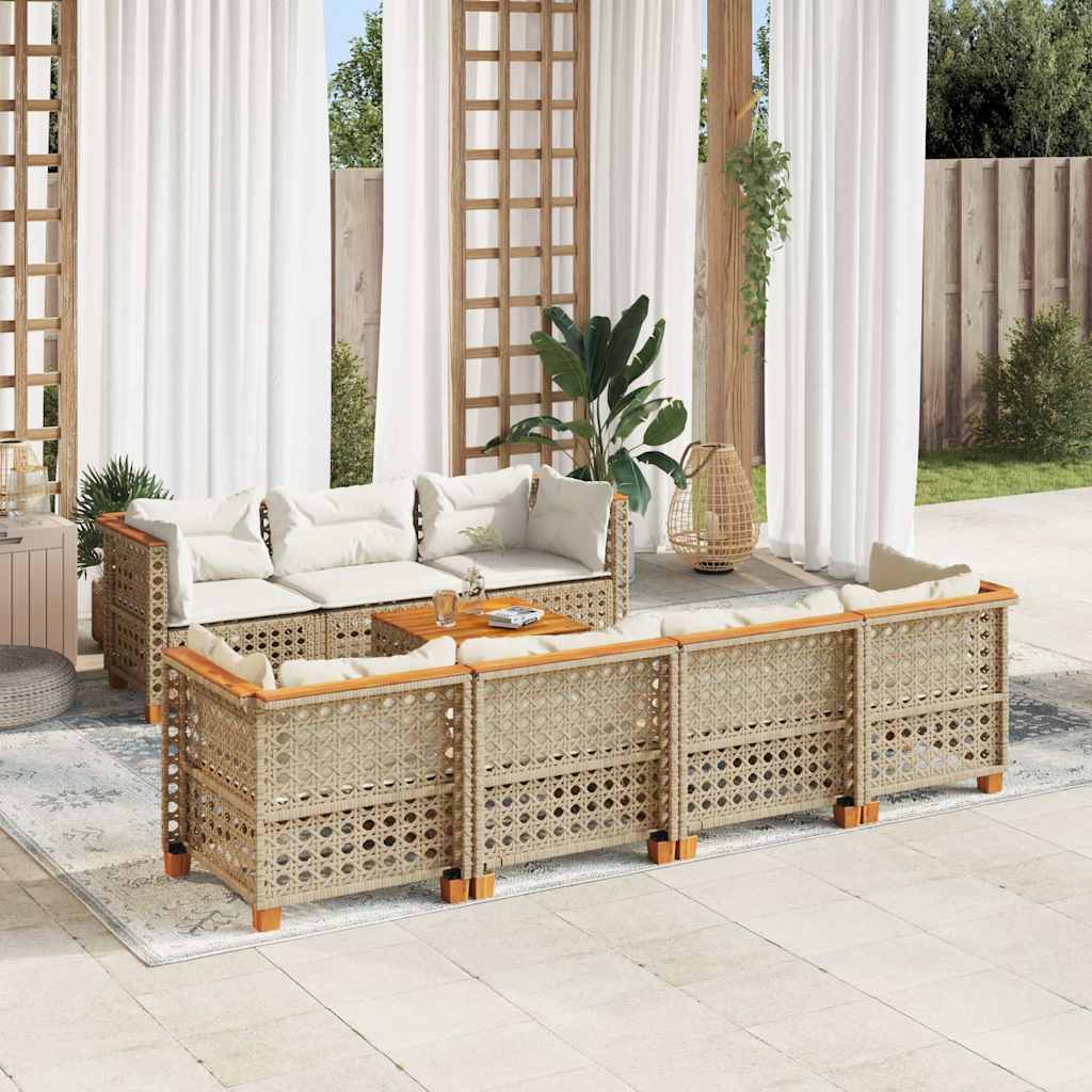 8 Pcs conjunto de sofás p/ jardim com almofadões vime PE bege