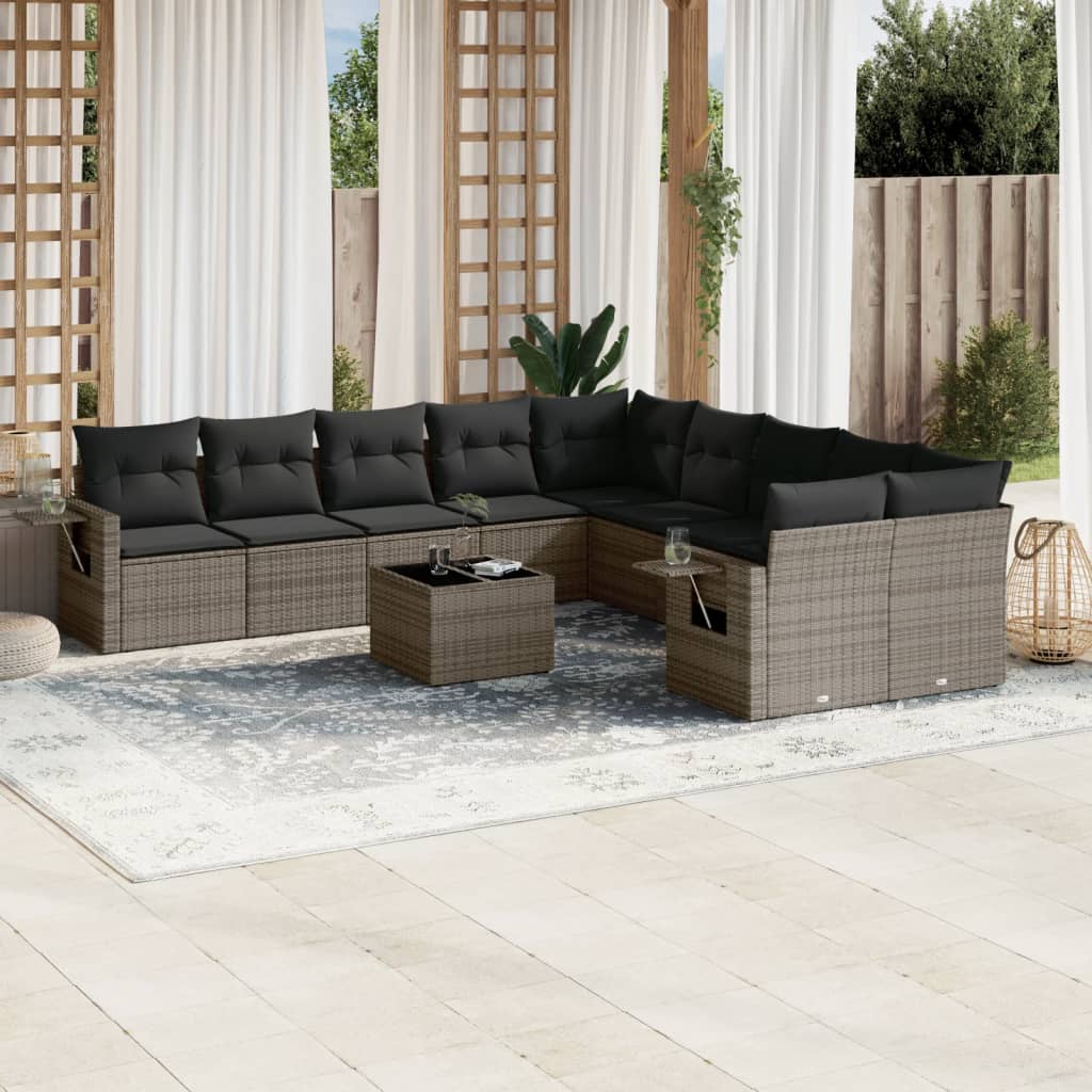 11 Pcs conjunto sofás de jardim c/ almofadões vime PE cinzento