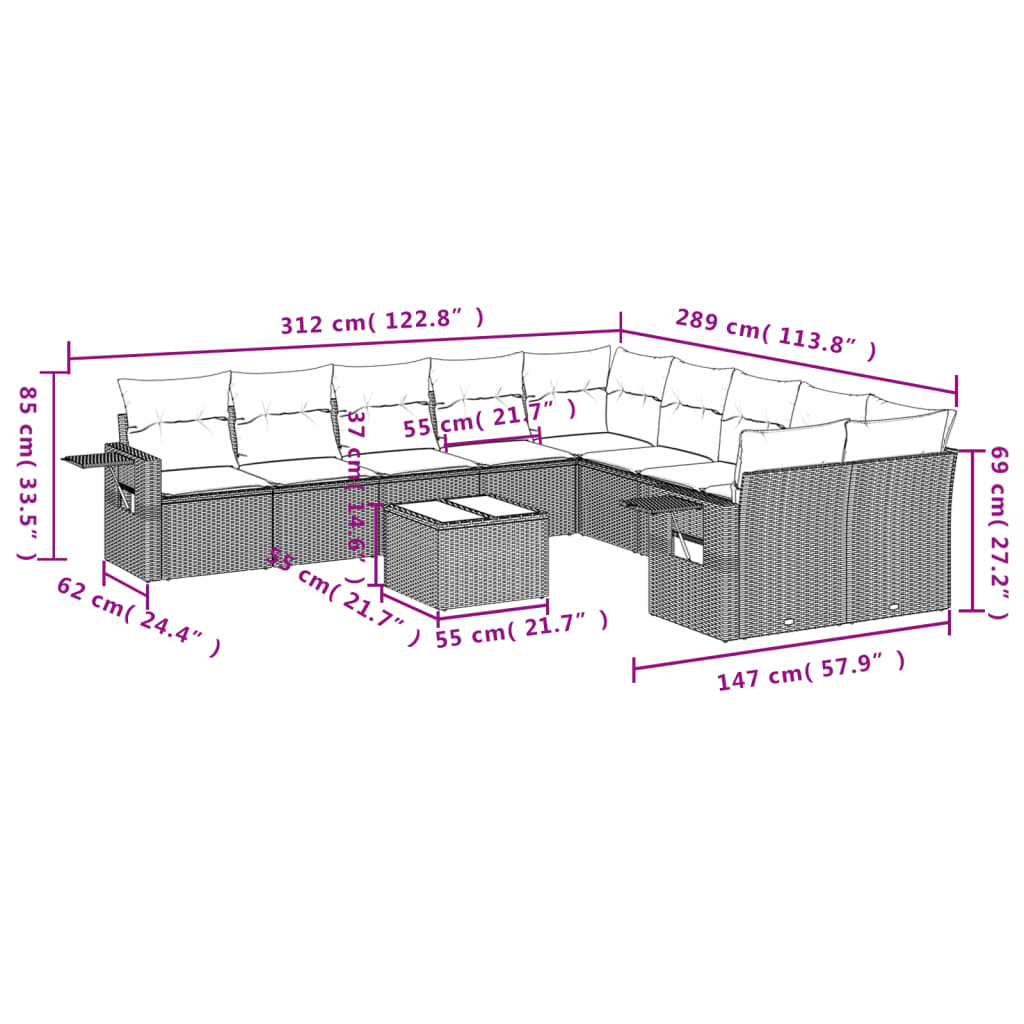 11 Pcs conjunto sofás de jardim c/ almofadões vime PE cinzento