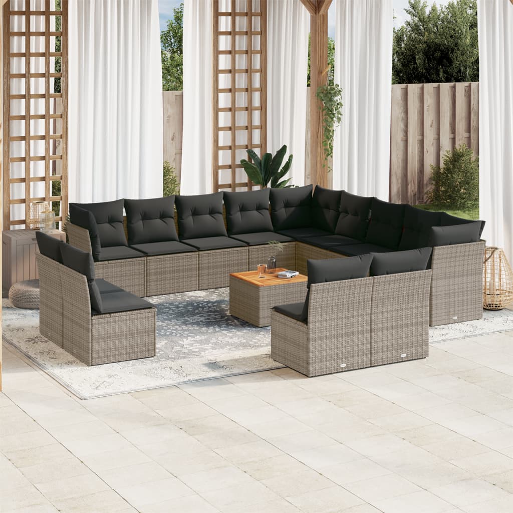 14 Pcs conjunto sofás p/ jardim c/ almofadões vime PE cinzento