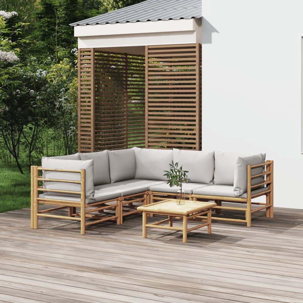 6 Pcs conj. lounge de jardim bambu c/ almofadões cinzento-claro