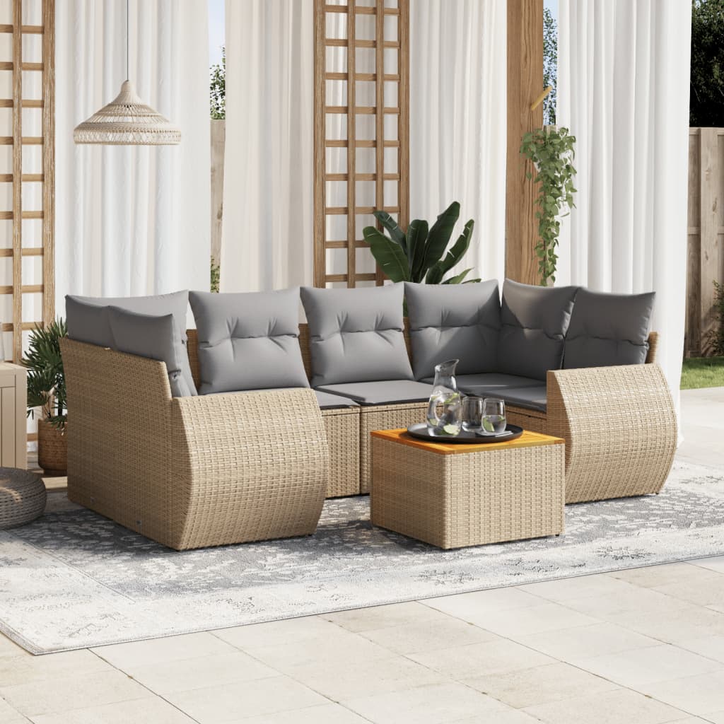7 Pcs conjunto de sofás p/ jardim com almofadões vime PE bege