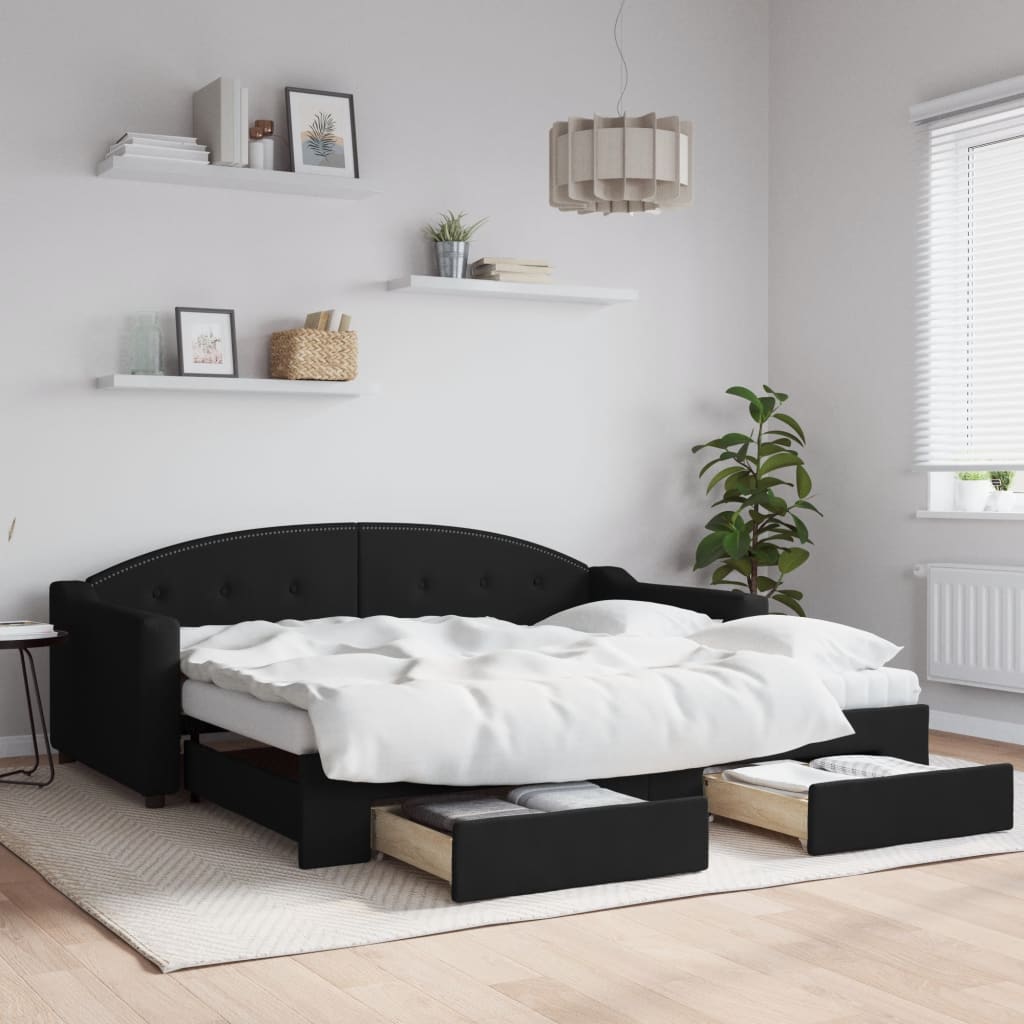 Sofá-cama com gavetão e gavetas 90x190 cm tecido preto