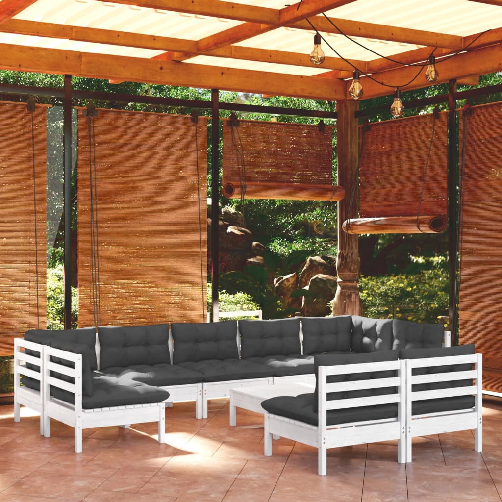 10 Pcs conj. lounge de jardim c/ almofadões pinho maciço branco