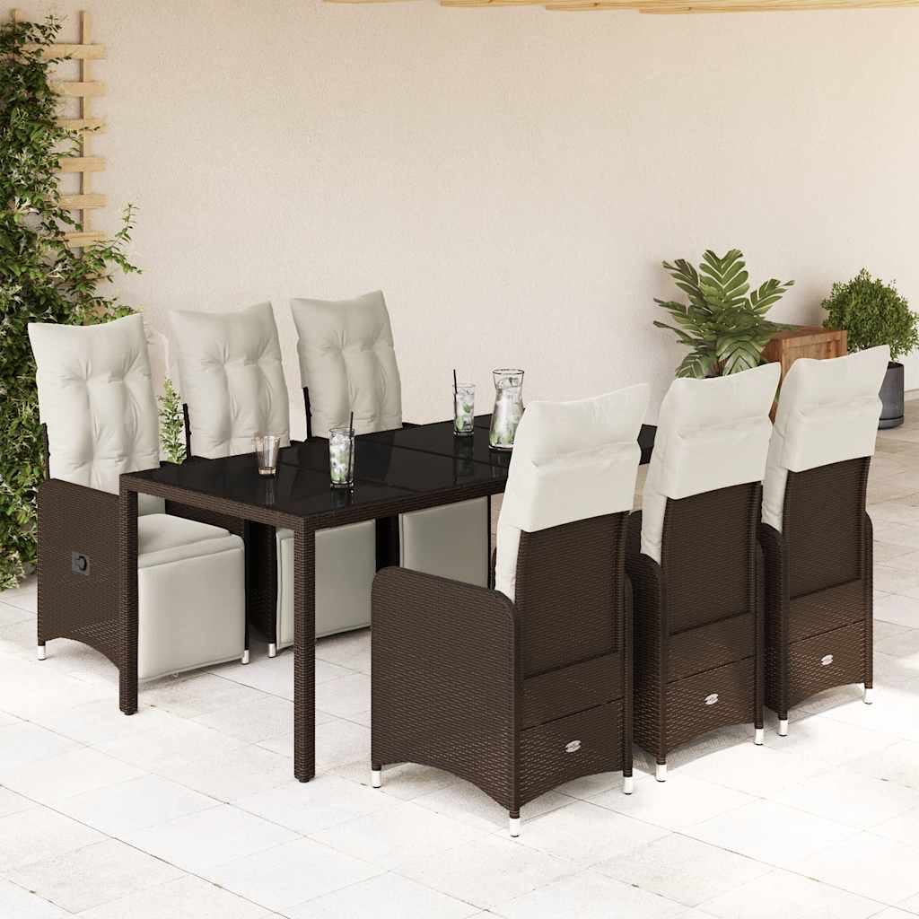 7 Pcs conjunto bistrô de jardim c/ almofadões vime PE castanho