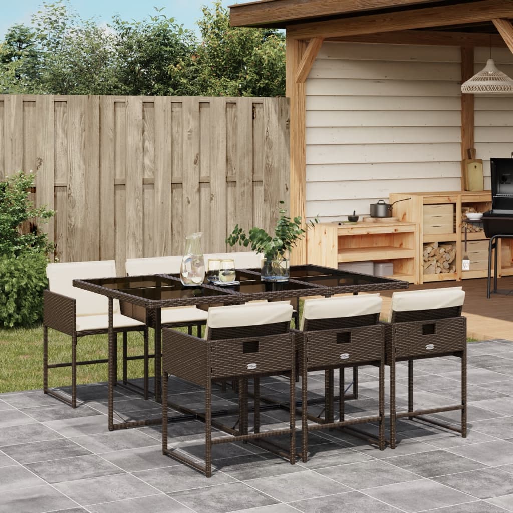 7 Pcs conjunto jantar p/ jardim c/ almofadões vime PE castanho