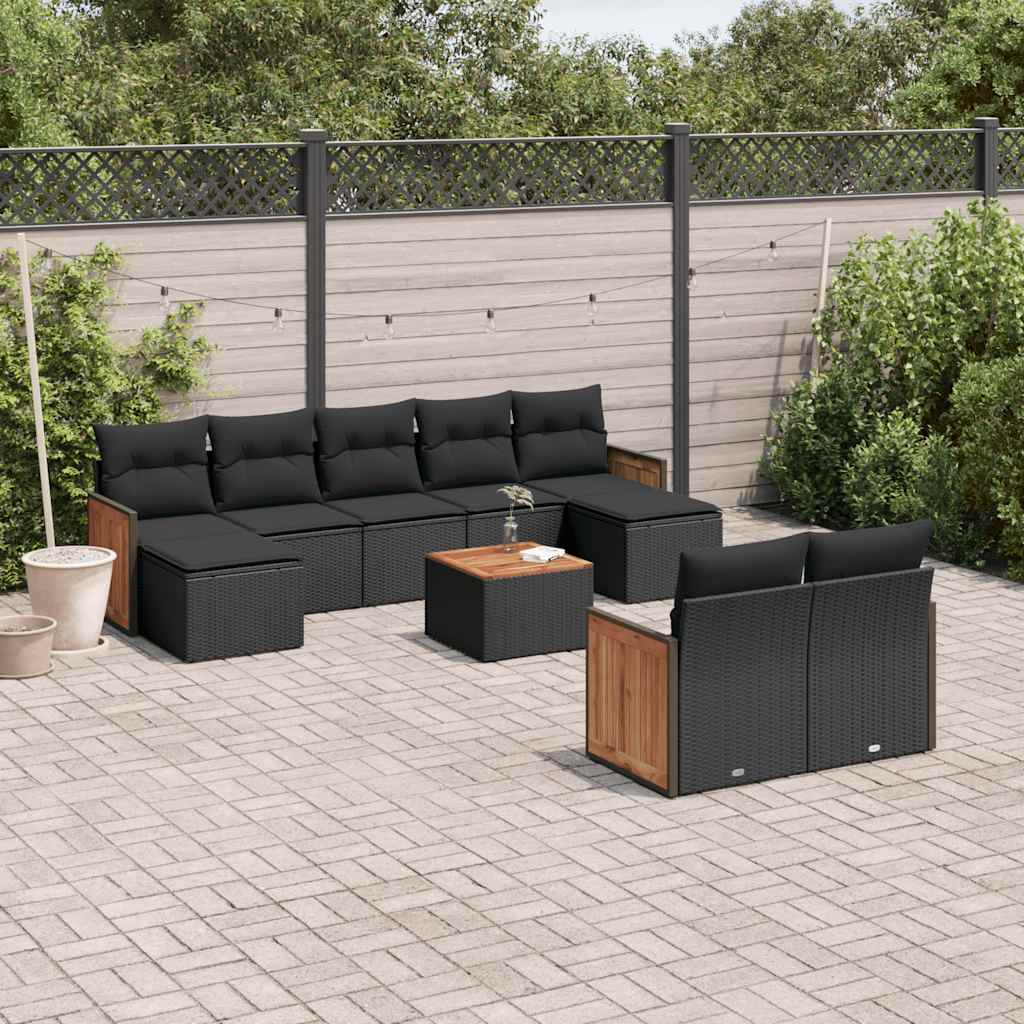10 Pcs conjunto sofás de jardim c/ almofadões vime PE preto