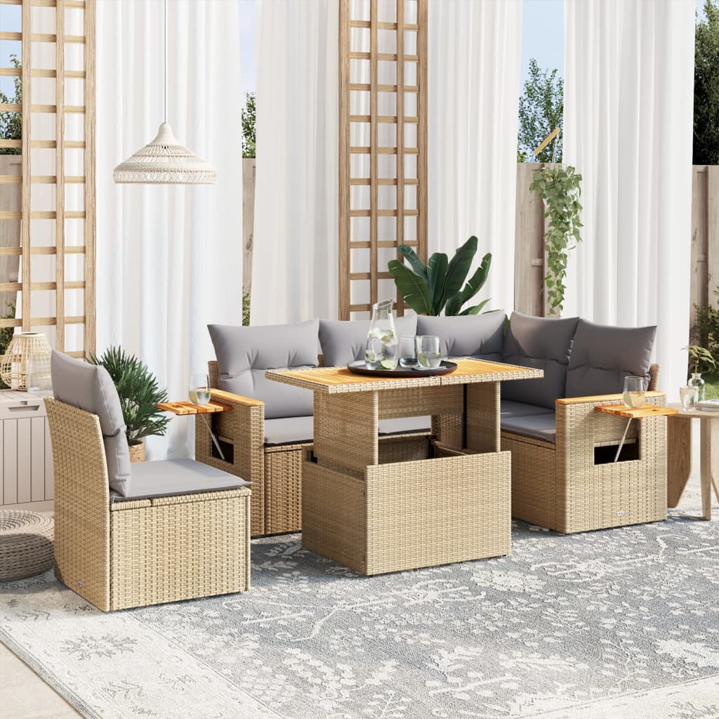6 Pcs conjunto de sofás p/ jardim com almofadões vime PE bege